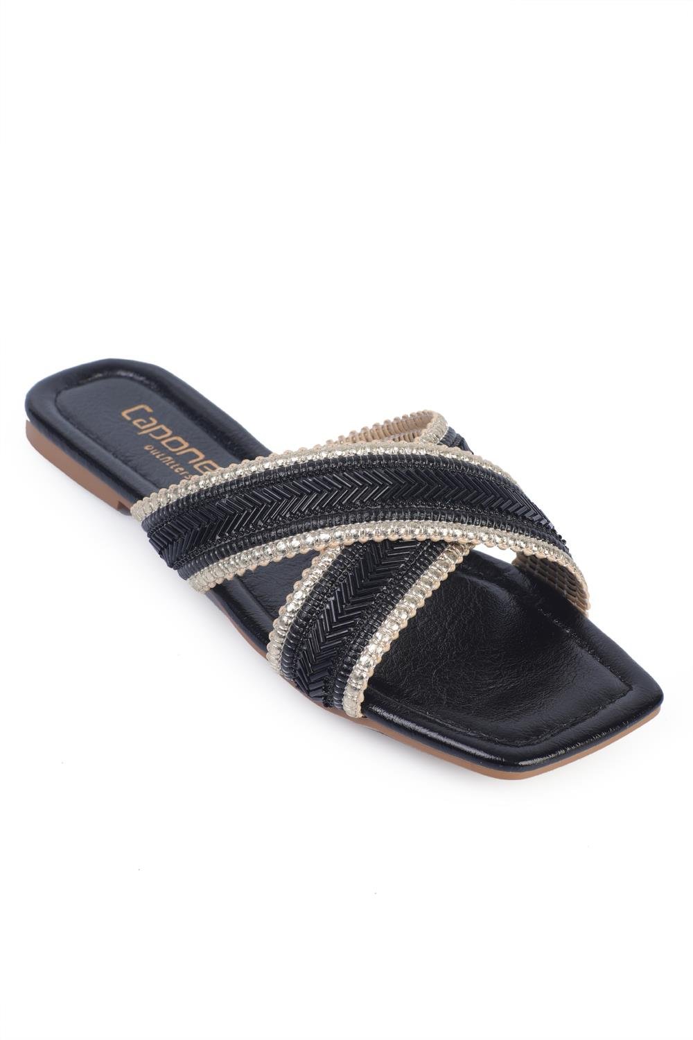 Capone Flat Heel Shiny Blunt Toe Cross Strap Women Black Sandals