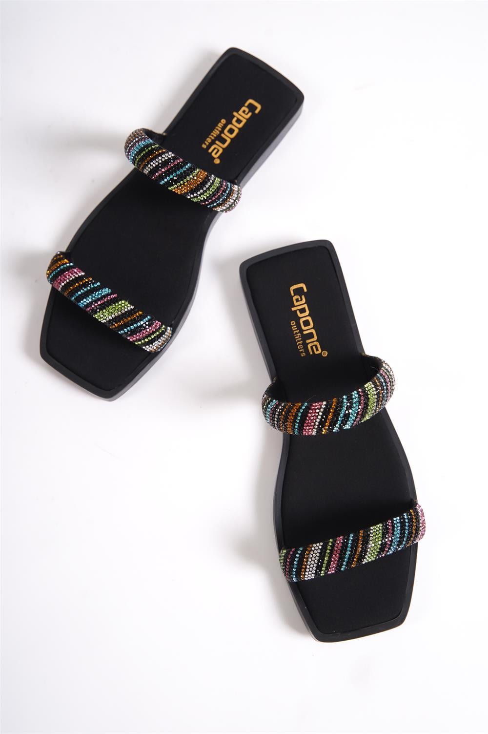 Capone Flat Toe Crystal Embellished Banded Flat Heeled Woman Sandals