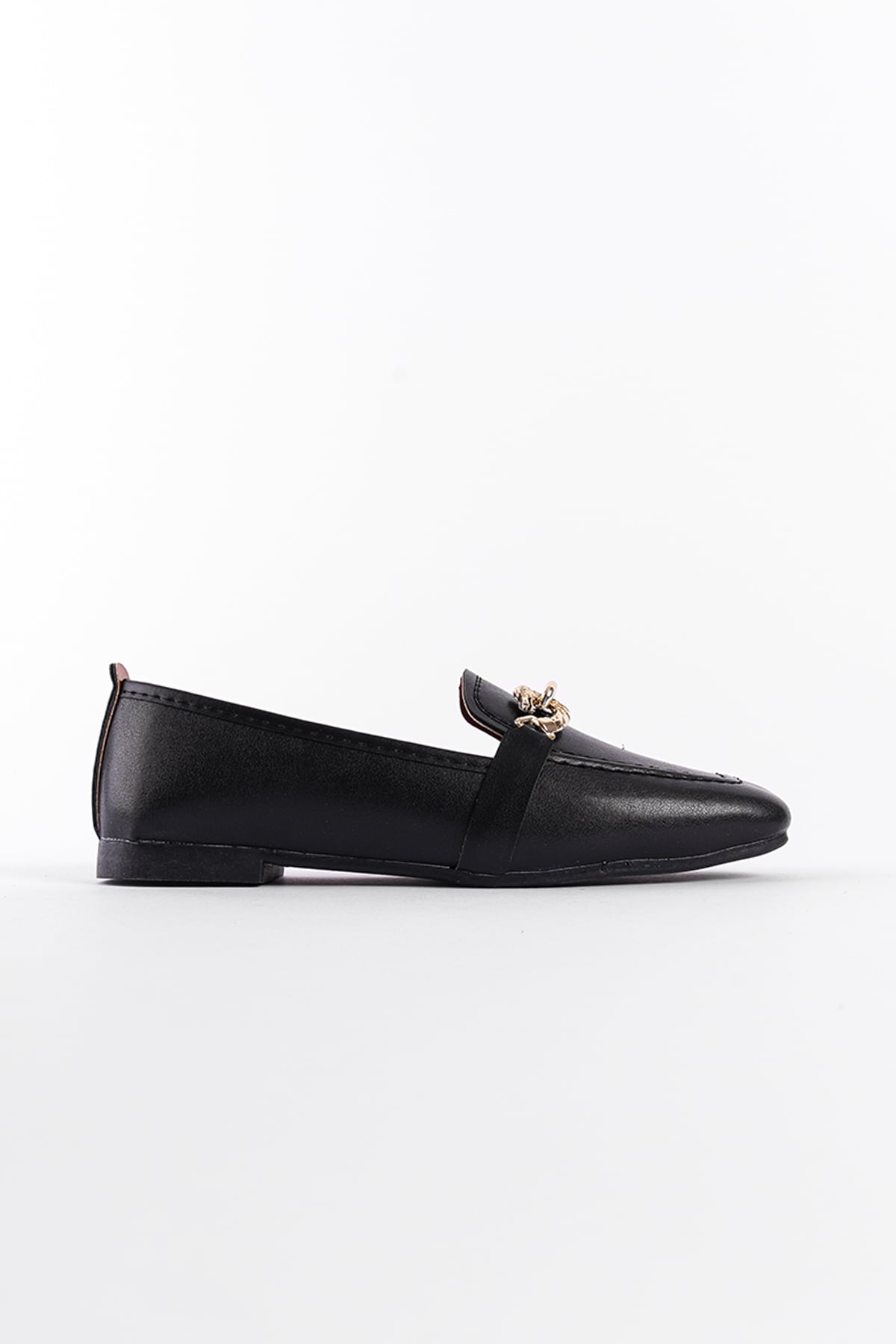 Capone Flat Toe Women Black Loafers With Metal Buckle Accessory