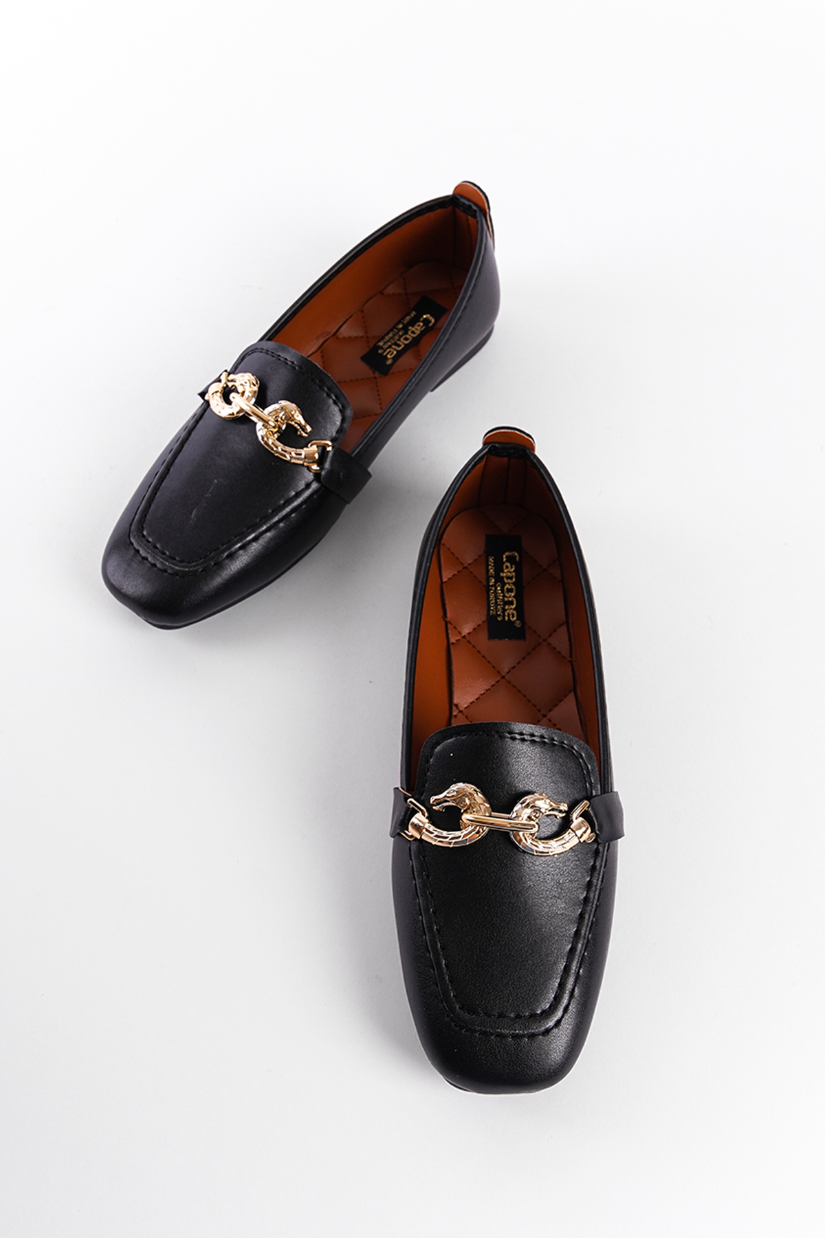 Capone Flat Toe Women Black Loafers With Metal Buckle Accessory