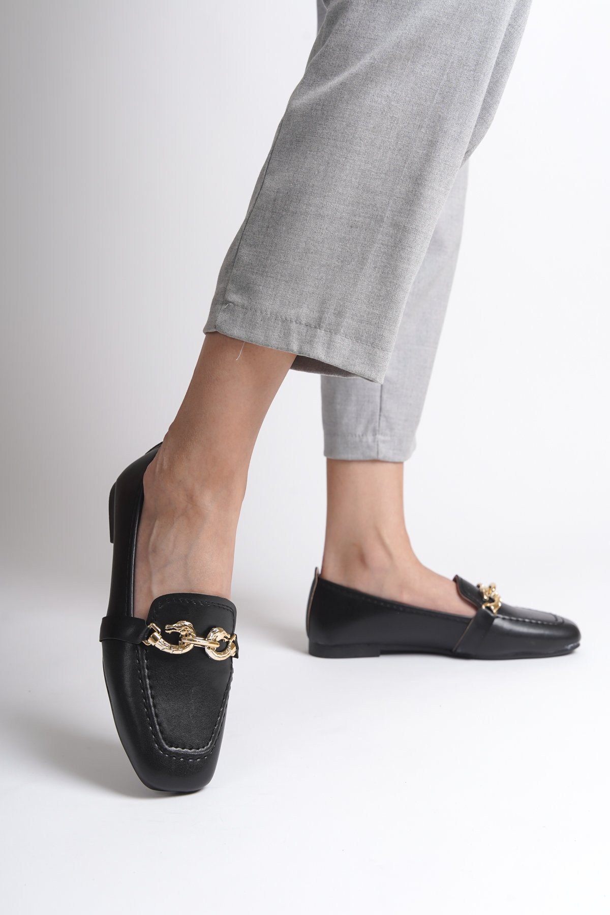 Capone Flat Toe Women Black Loafers With Metal Buckle Accessory