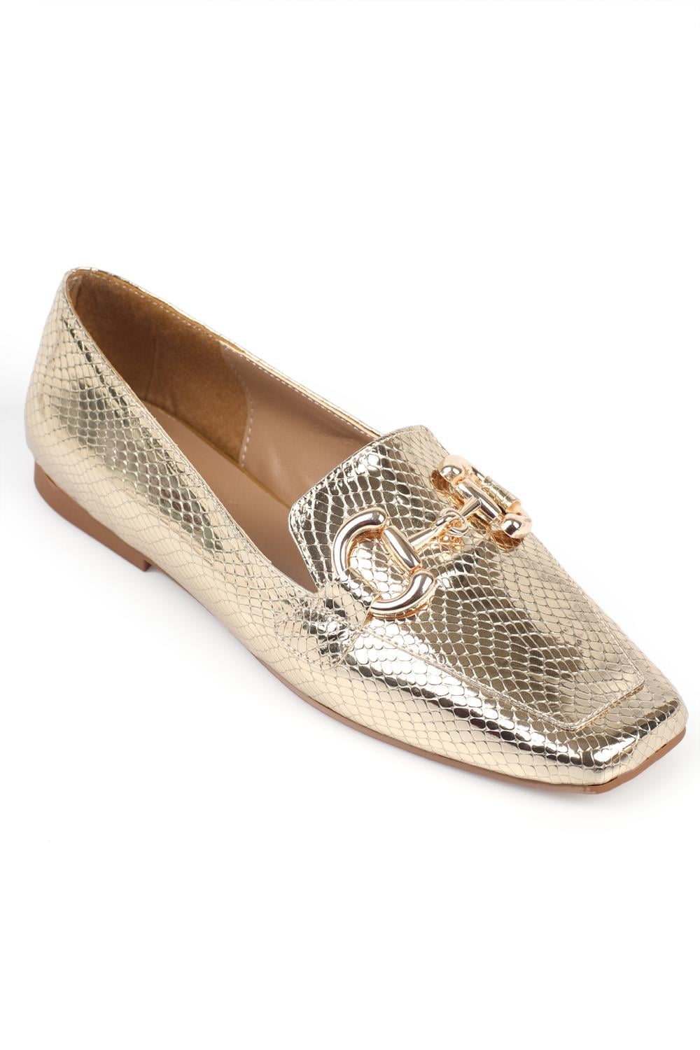Capone Flat Toe Women Gold Loafers With Metal Heart Buckle Accessory