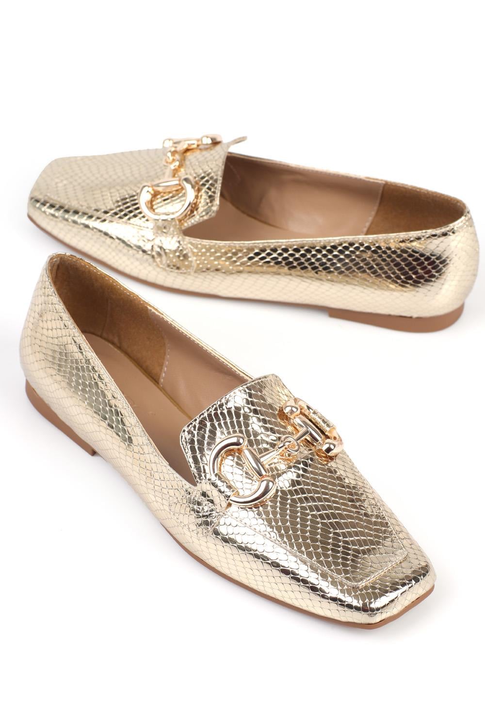 Capone Flat Toe Women Gold Loafers With Metal Heart Buckle Accessory