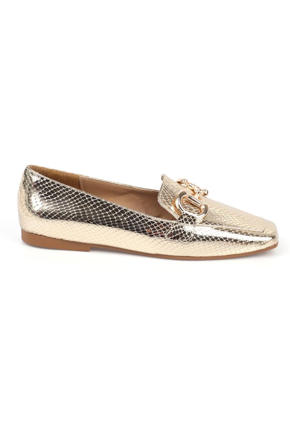 Capone Flat Toe Women Gold Loafers With Metal Heart Buckle Accessory