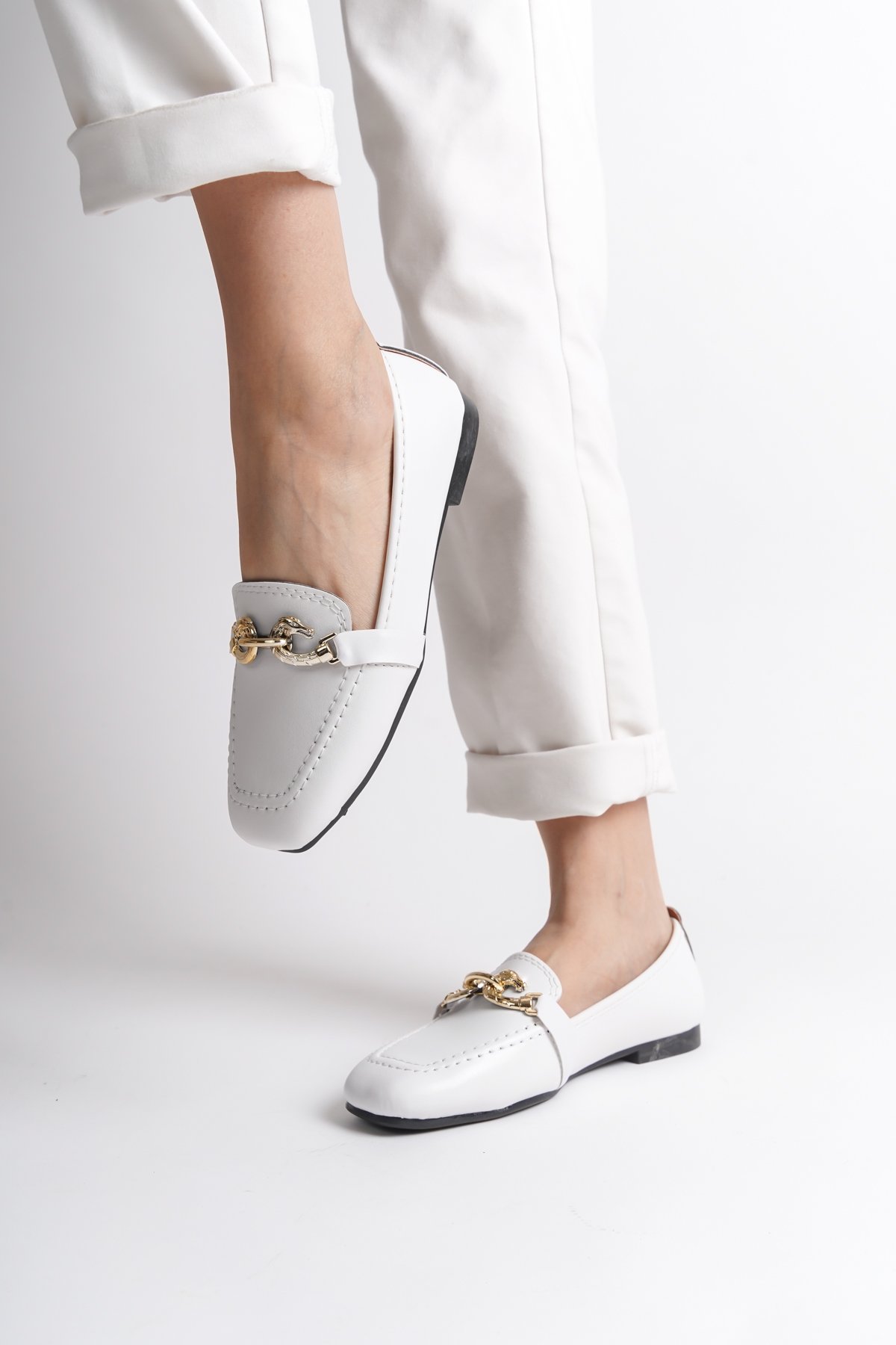 Capone Flat Toe Women White Loafers With Metal Buckle Accessory