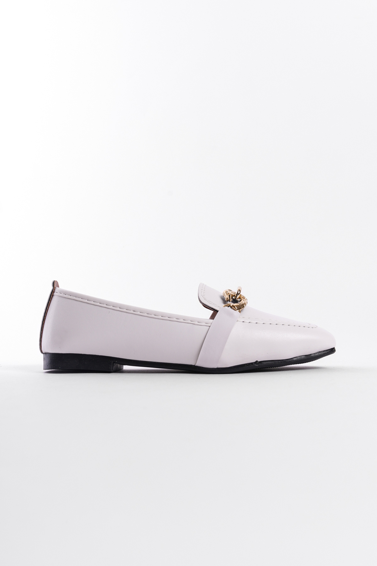 Capone Flat Toe Women White Loafers With Metal Buckle Accessory