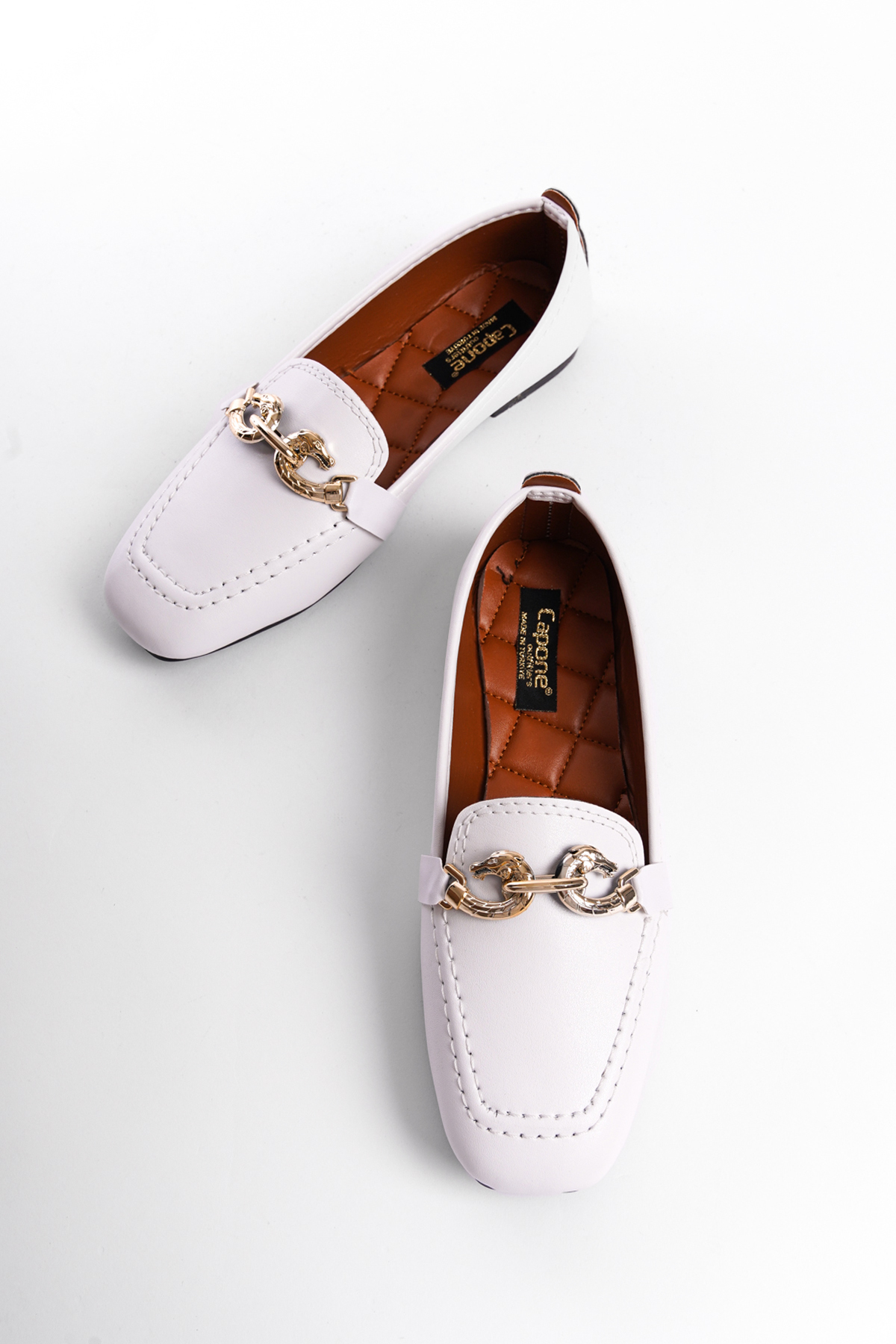 Capone Flat Toe Women White Loafers With Metal Buckle Accessory