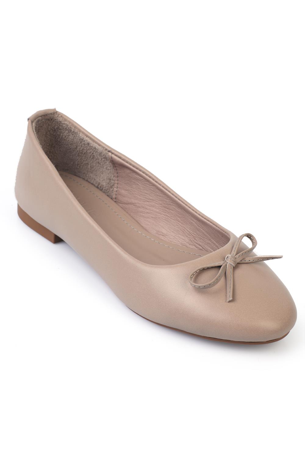 Capone Genuine Leather Bow Detail Round Toe Women Grey Ballerinas