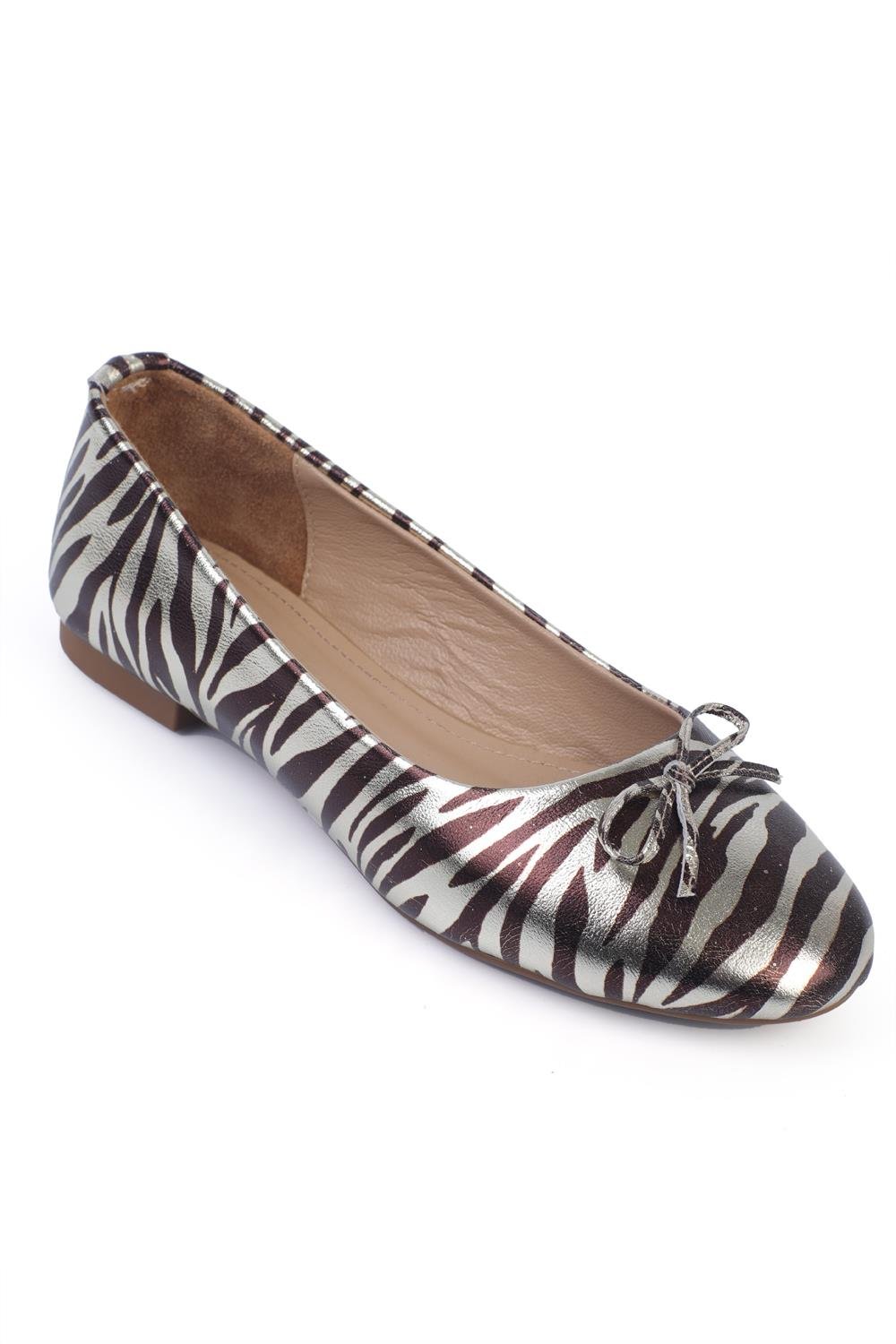 Capone Genuine Leather Bow Detail Round Toe Women Gold Ballerinas