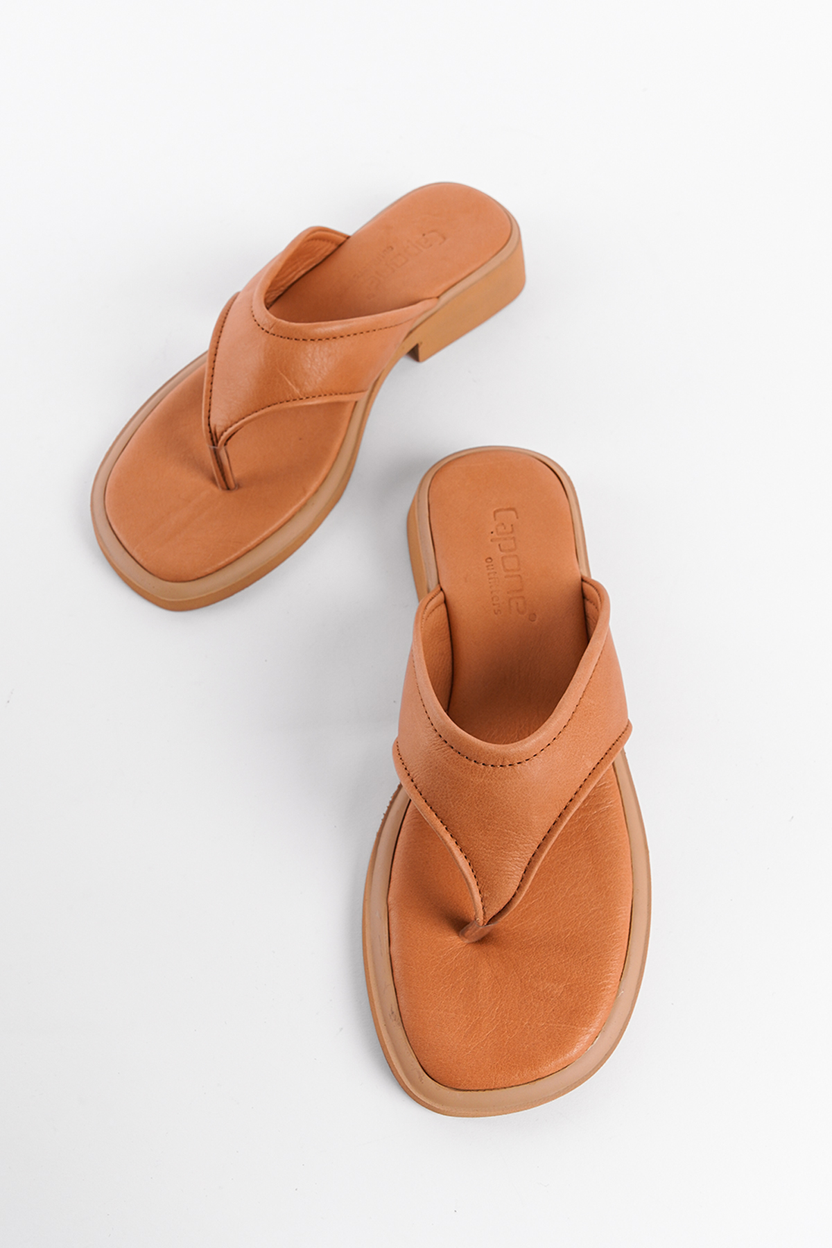Capone Genuine Leather Comfort Short Heeled Women Tan Thong Sandals