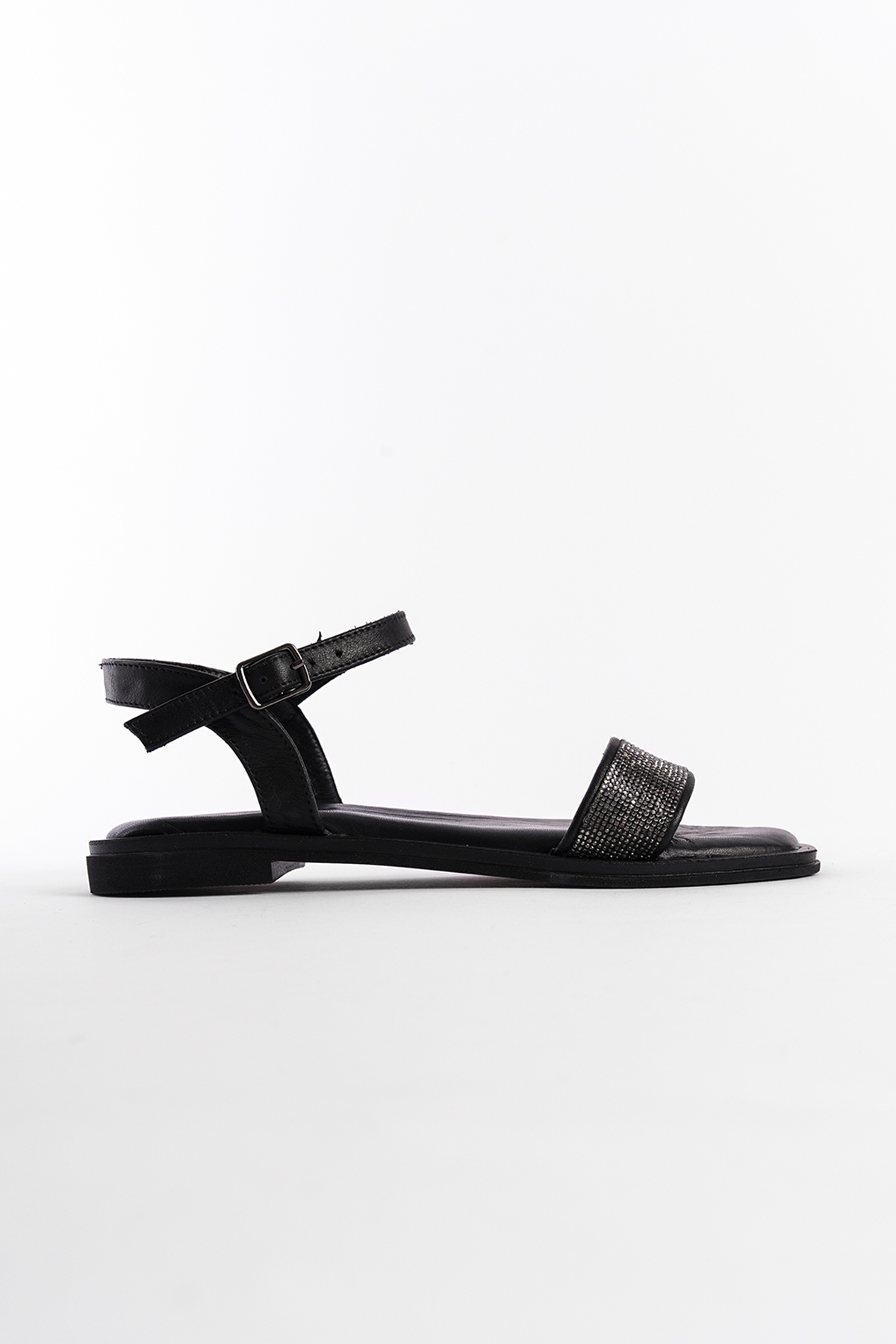 Capone Genuine Leather Crystal Embellished Single Strap Flat Heeled Women Black Sandals