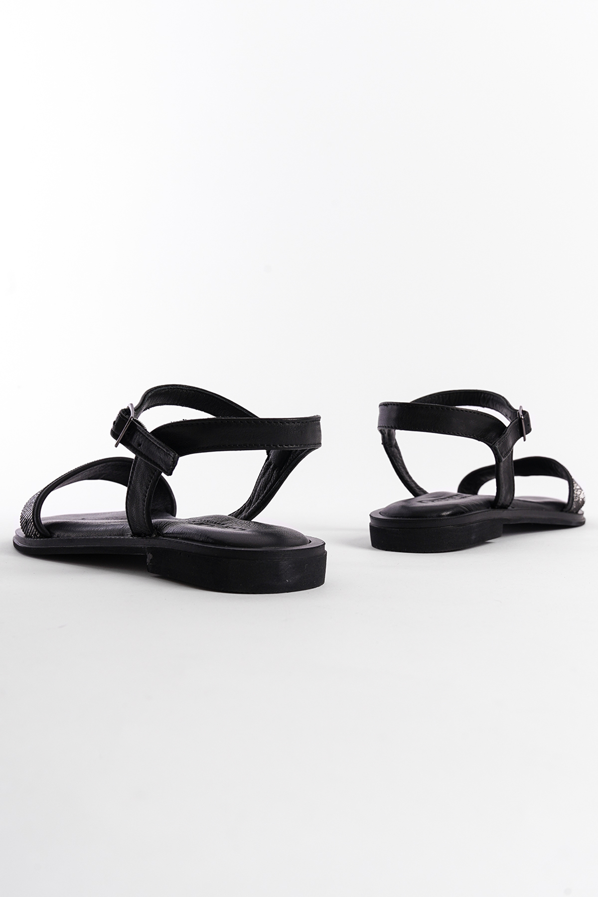 Capone Genuine Leather Crystal Embellished Single Strap Flat Heeled Women Black Sandals