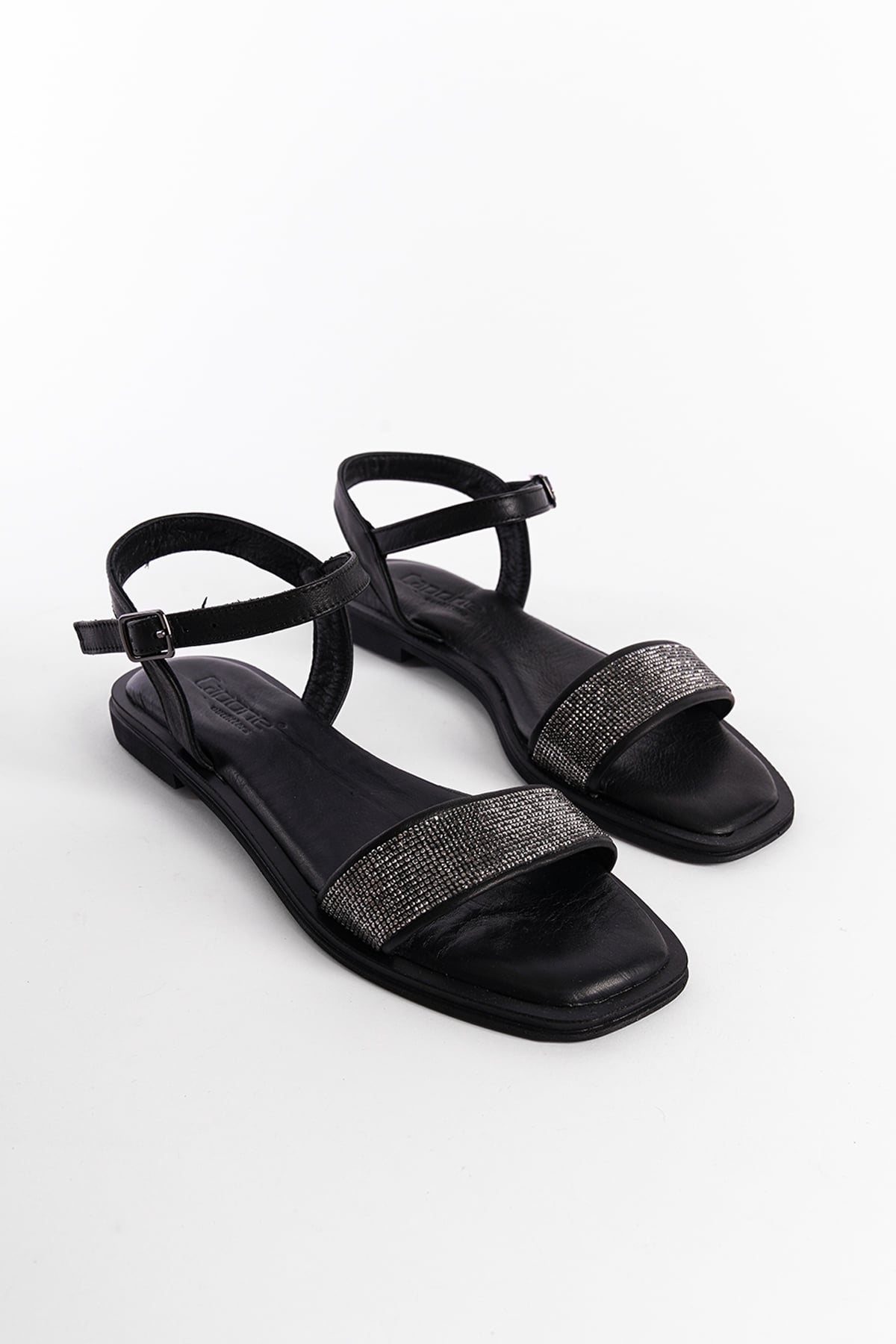 Capone Genuine Leather Crystal Embellished Single Strap Flat Heeled Women Black Sandals