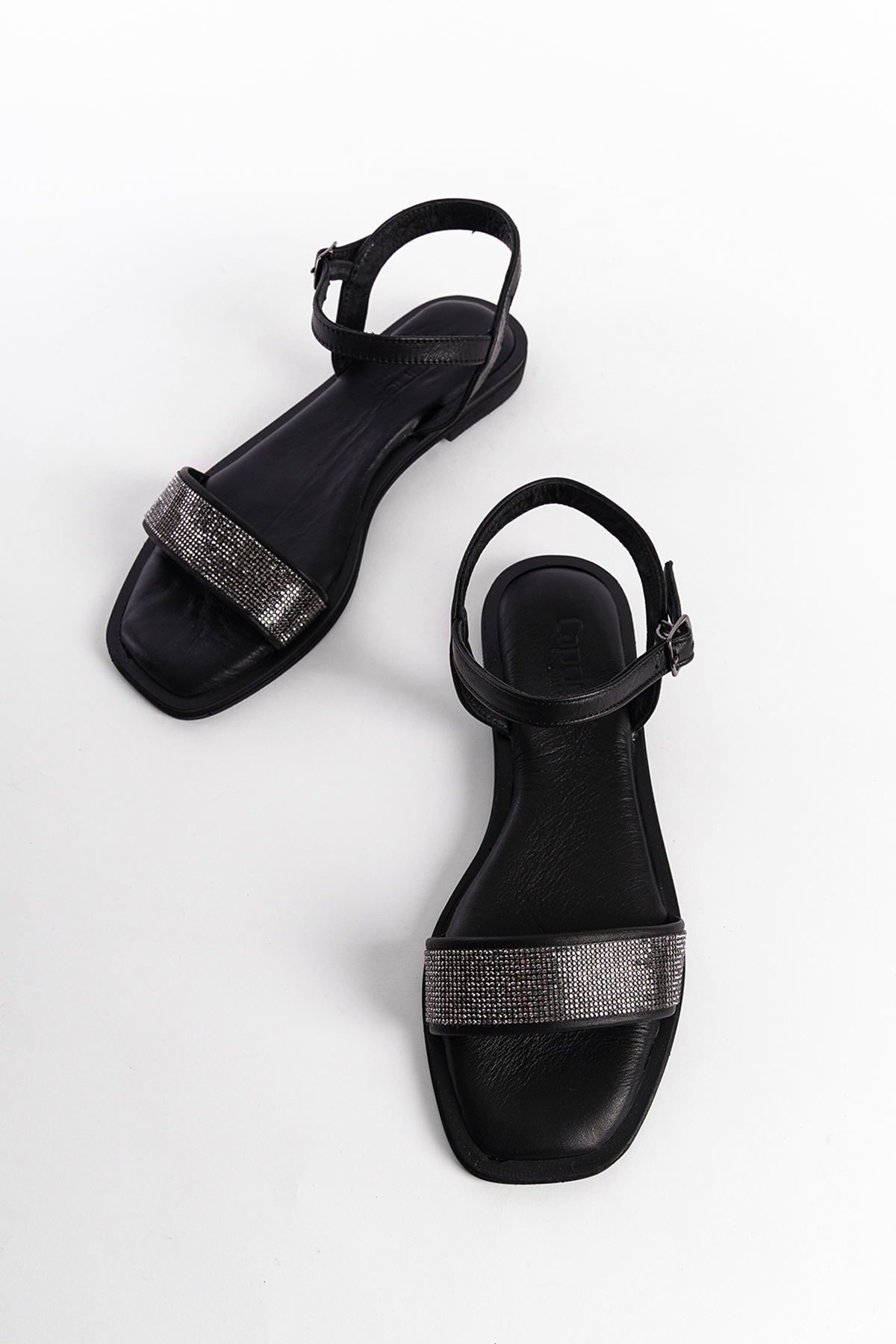 Capone Genuine Leather Crystal Embellished Single Strap Flat Heeled Women Black Sandals