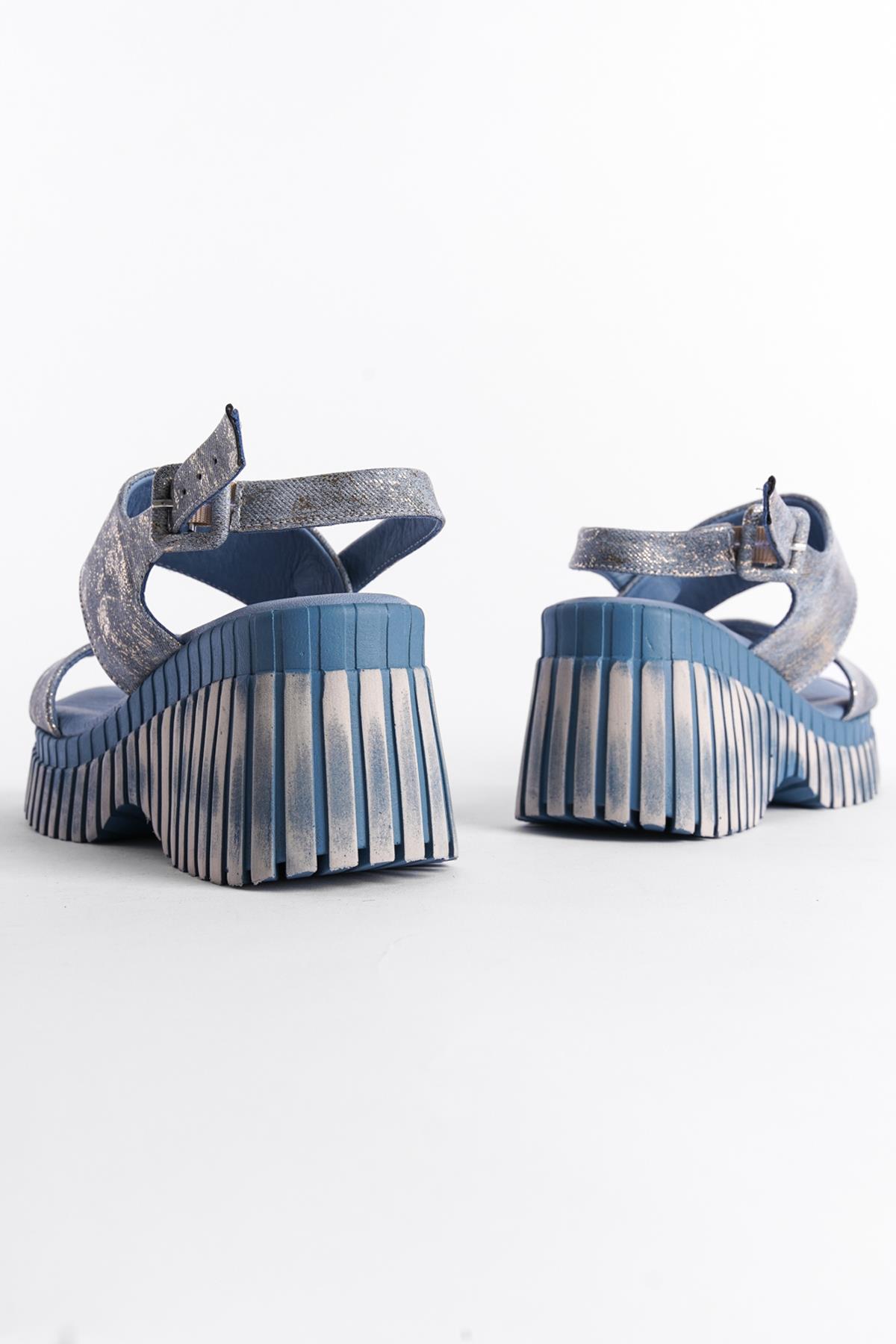 Capone Genuine Leather Denim Double-Strapped Wedge Heel Women Blue Sandals