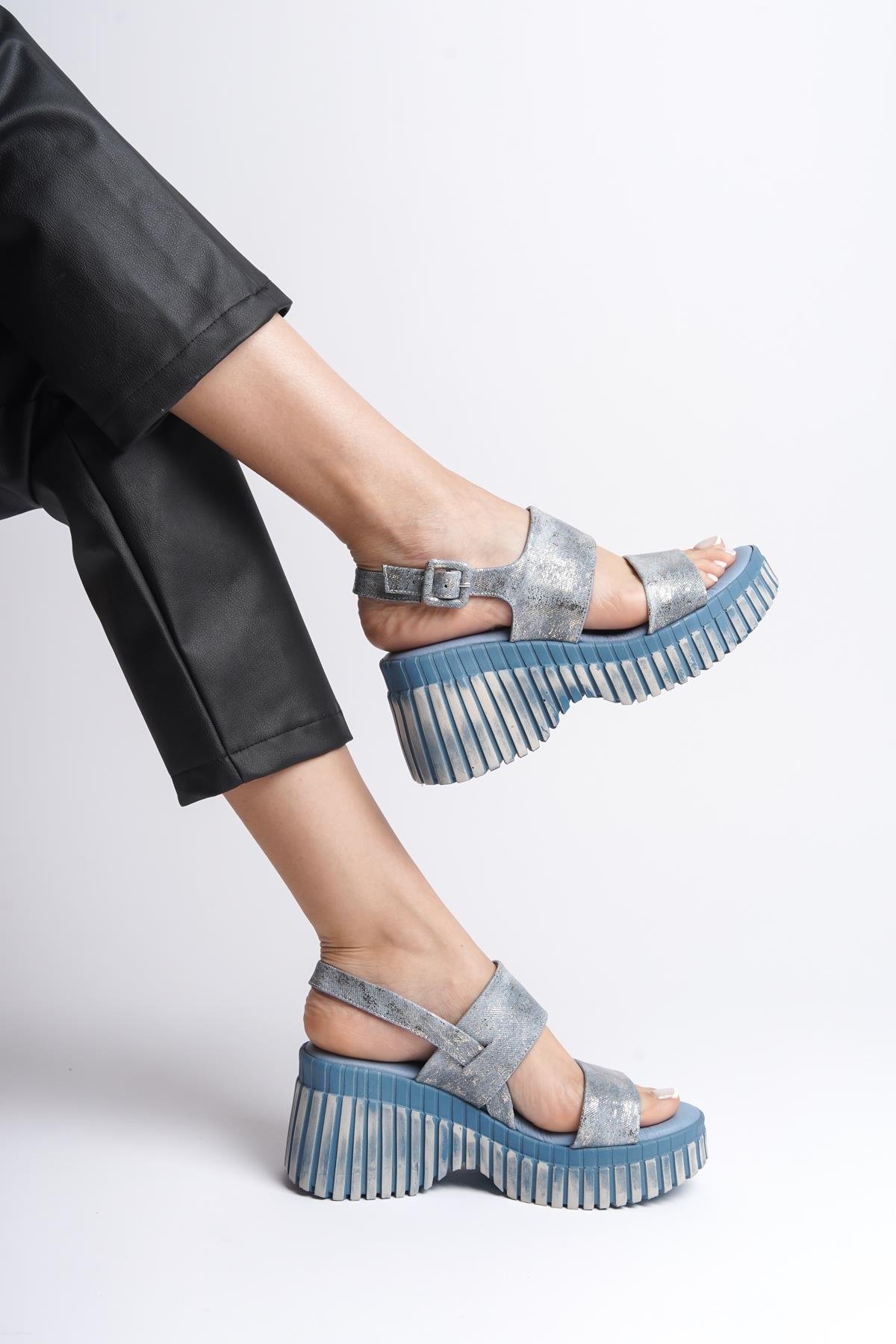 Capone Genuine Leather Denim Double-Strapped Wedge Heel Women Blue Sandals