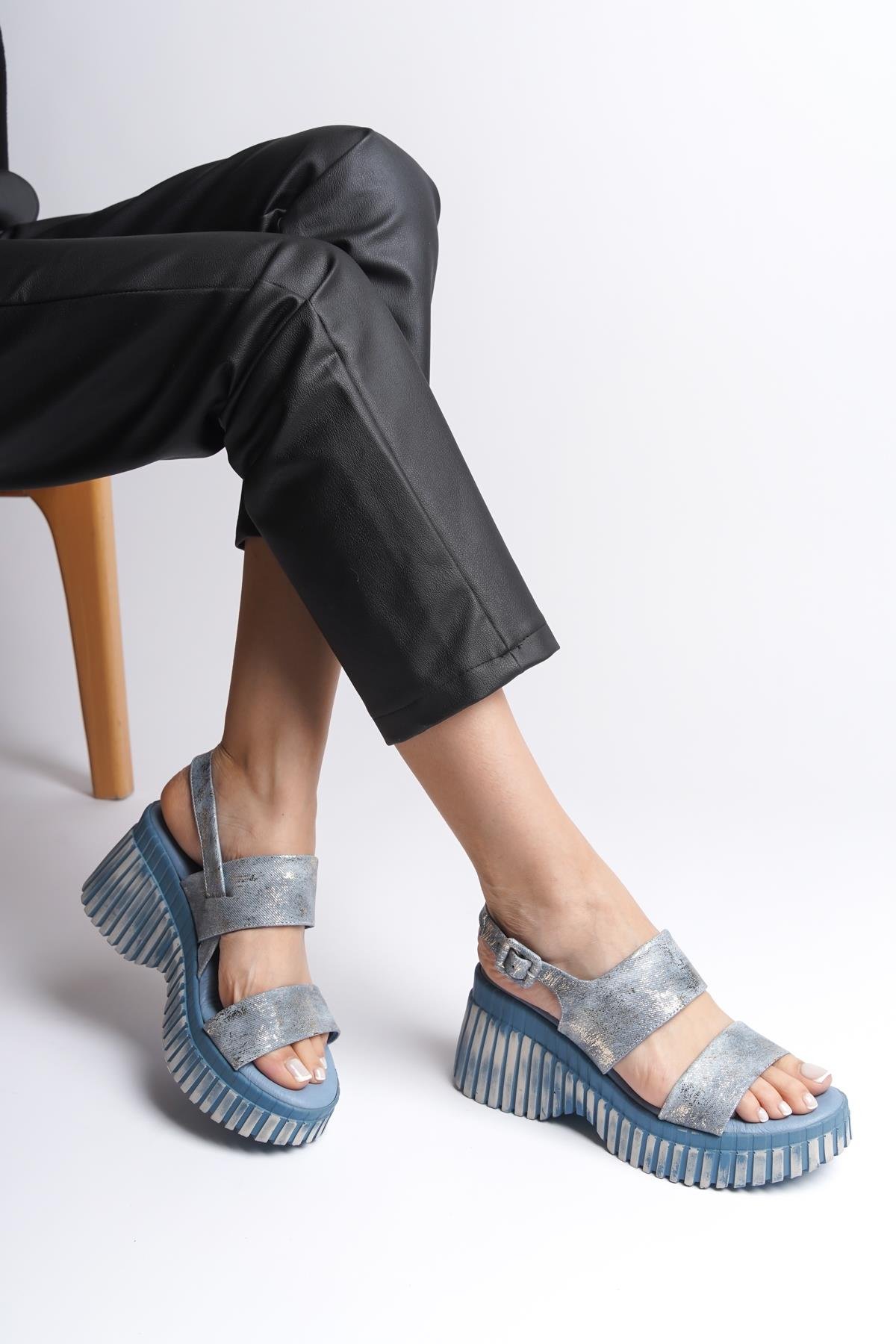 Capone Genuine Leather Denim Double-Strapped Wedge Heel Women Blue Sandals