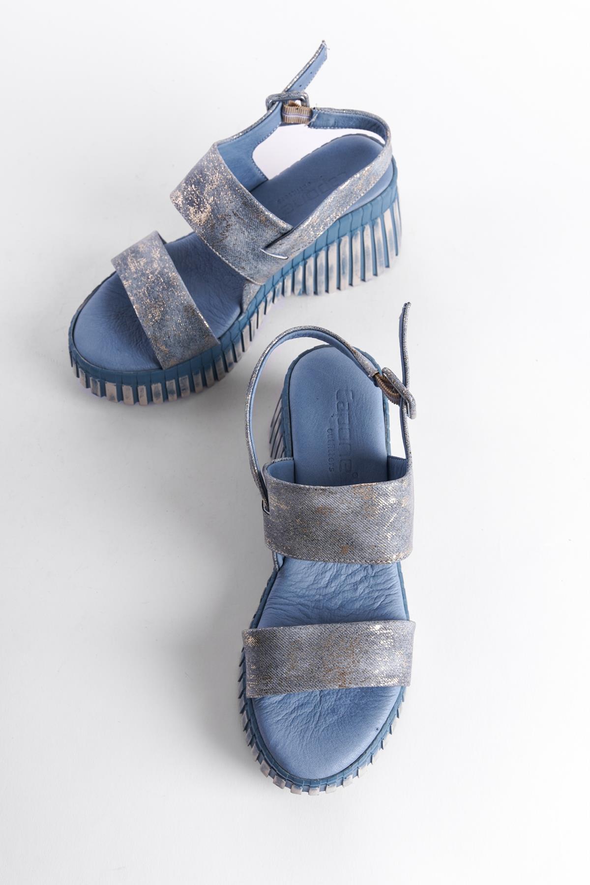 Capone Genuine Leather Denim Double-Strapped Wedge Heel Women Blue Sandals