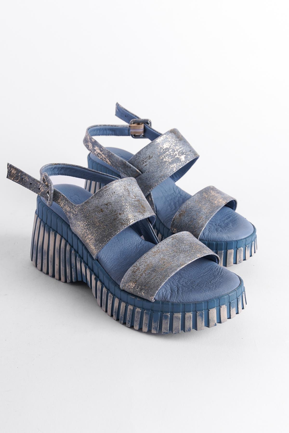 Capone Genuine Leather Denim Double-Strapped Wedge Heel Women Blue Sandals