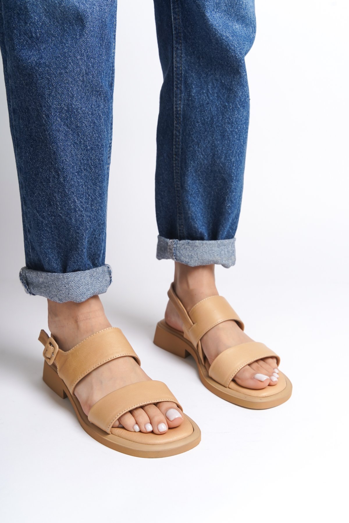 Capone Genuine Leather Double Strap Low Heeled Women Nude Comfort Sandals