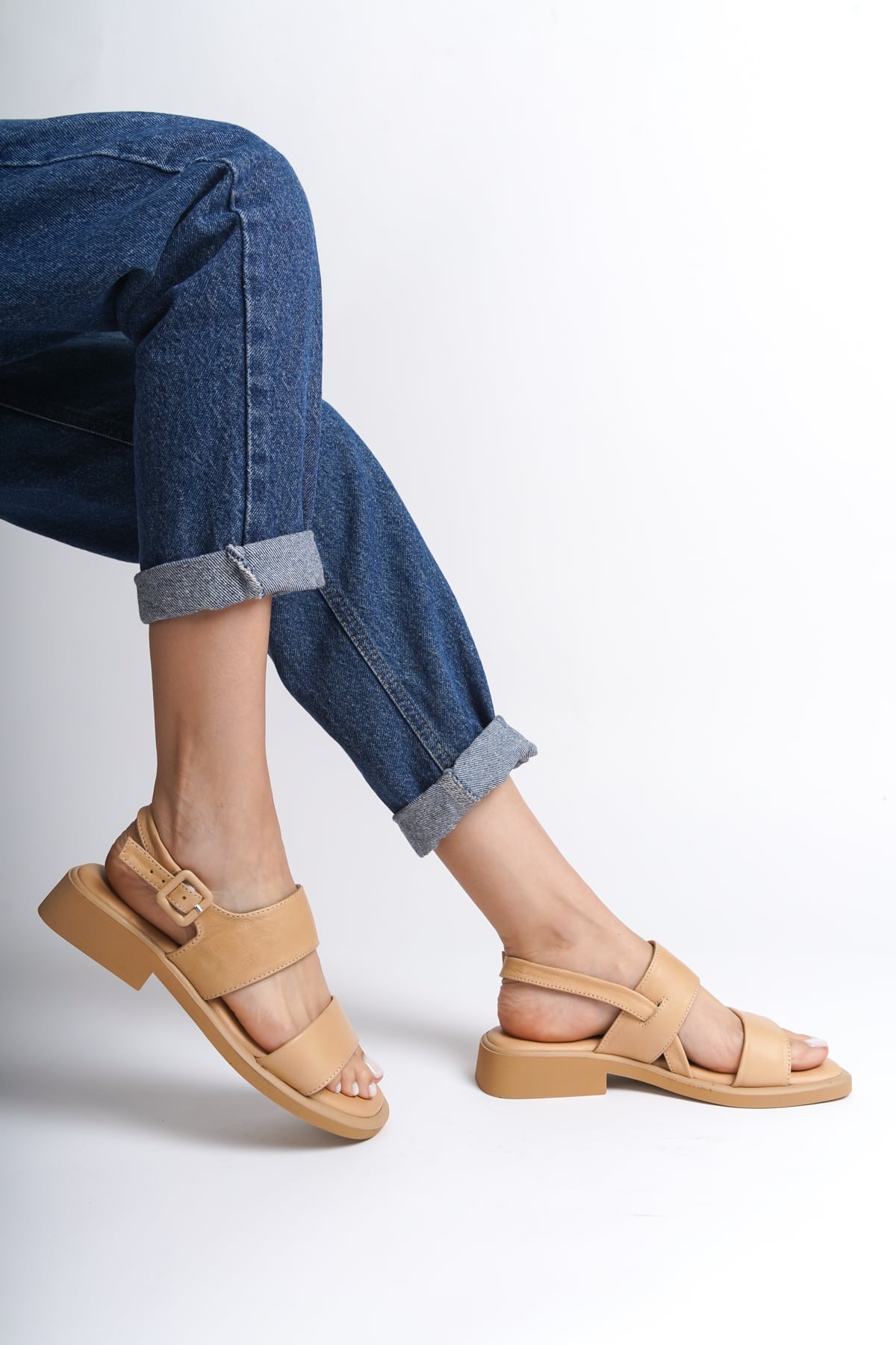 Capone Genuine Leather Double Strap Low Heeled Women Nude Comfort Sandals