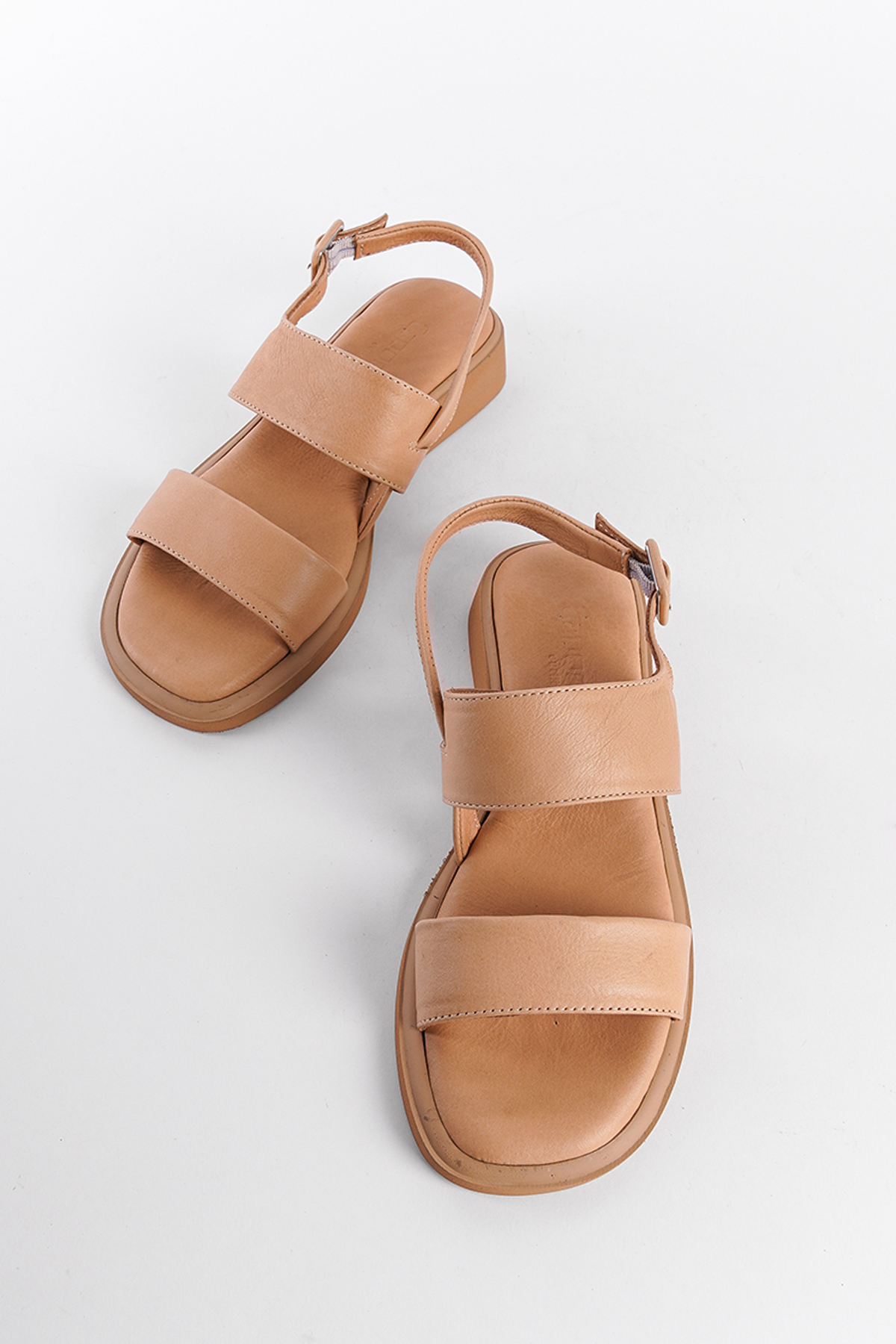 Capone Genuine Leather Double Strap Low Heeled Women Nude Comfort Sandals
