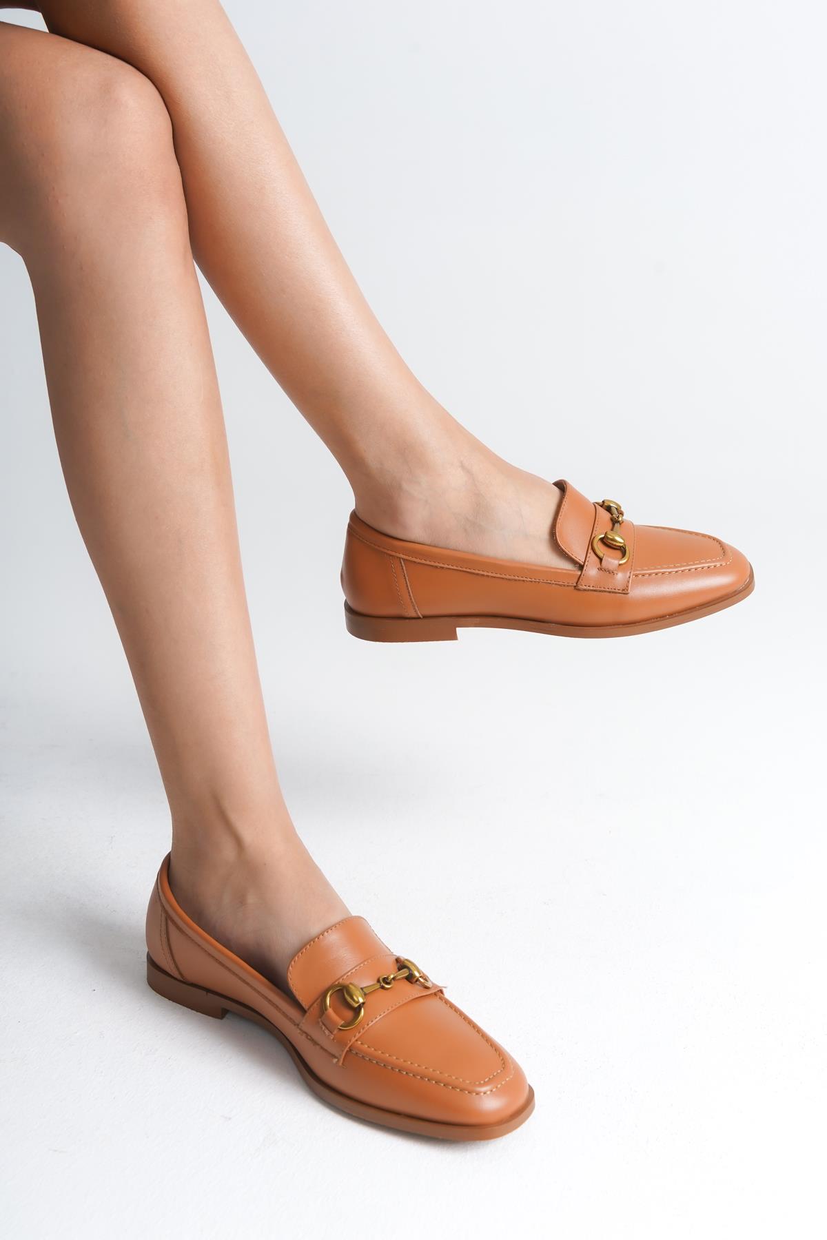 Capone Genuine Leather Metal Buckled Women Tan Loafers