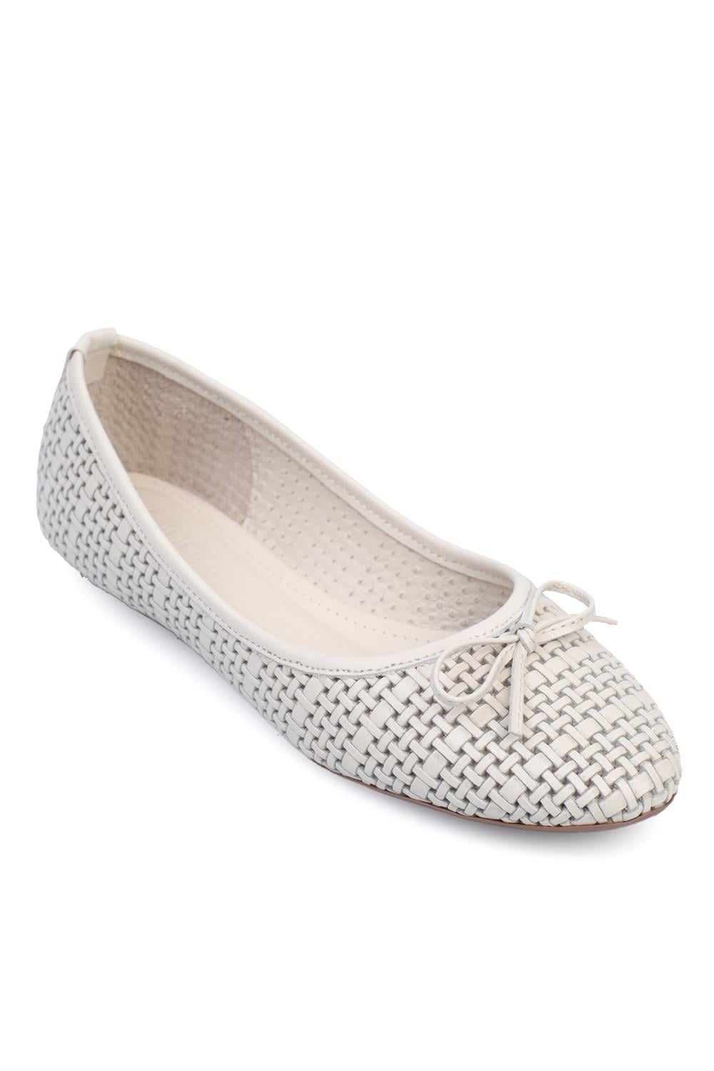 Capone Genuine Leather Raffia Printed Women White Ballerinas