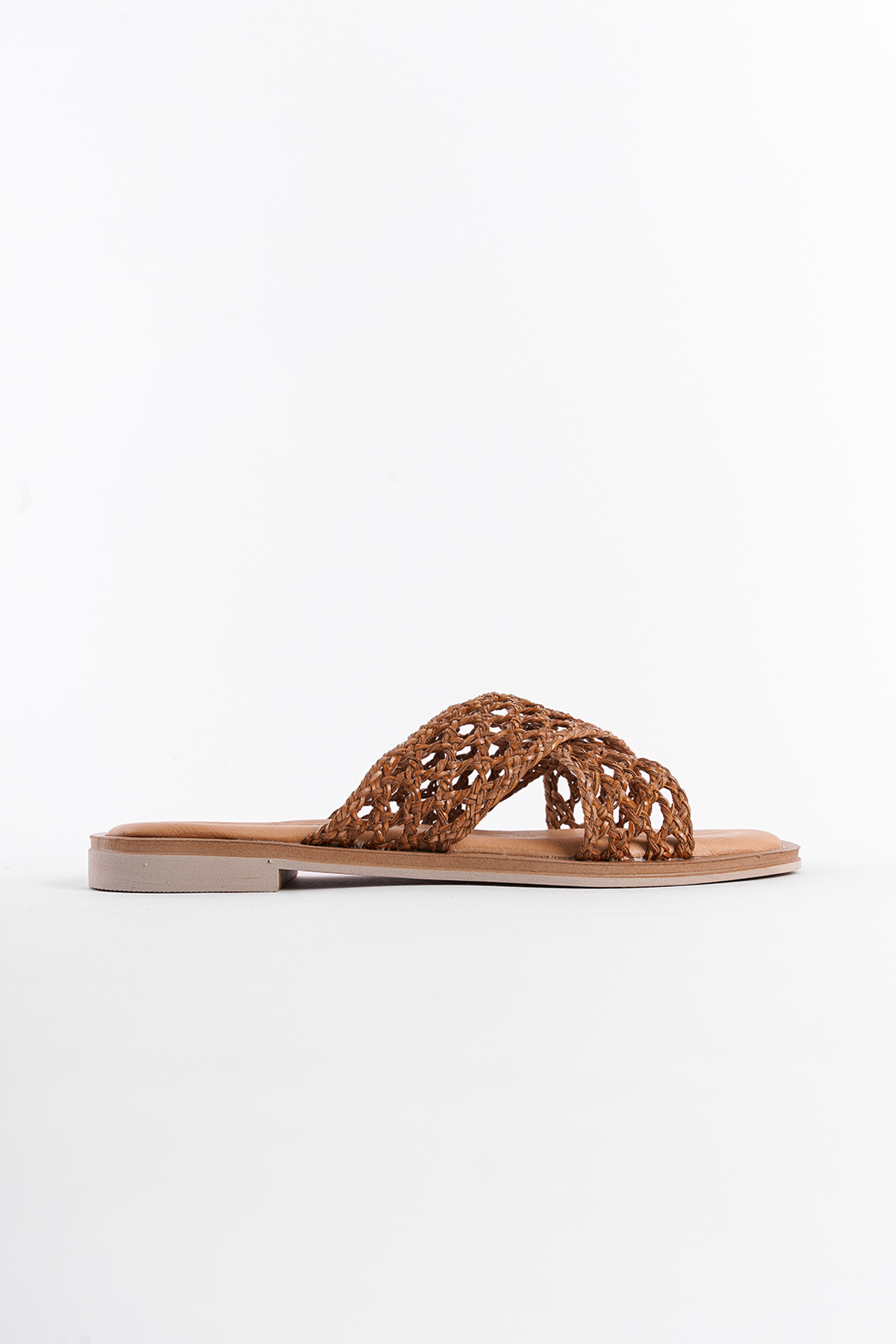 Capone Genuine Leather Straw Mesh Cross Strap Flat Heeled Women Mink Sandals