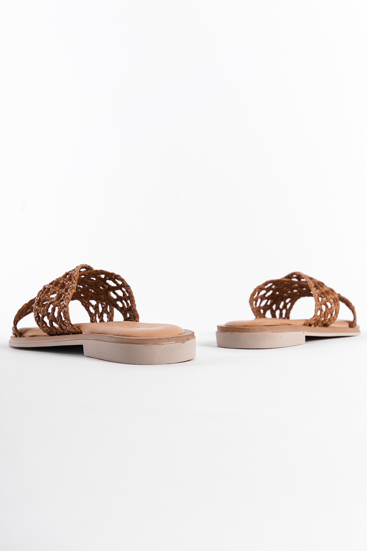 Capone Genuine Leather Straw Mesh Cross Strap Flat Heeled Women Mink Sandals