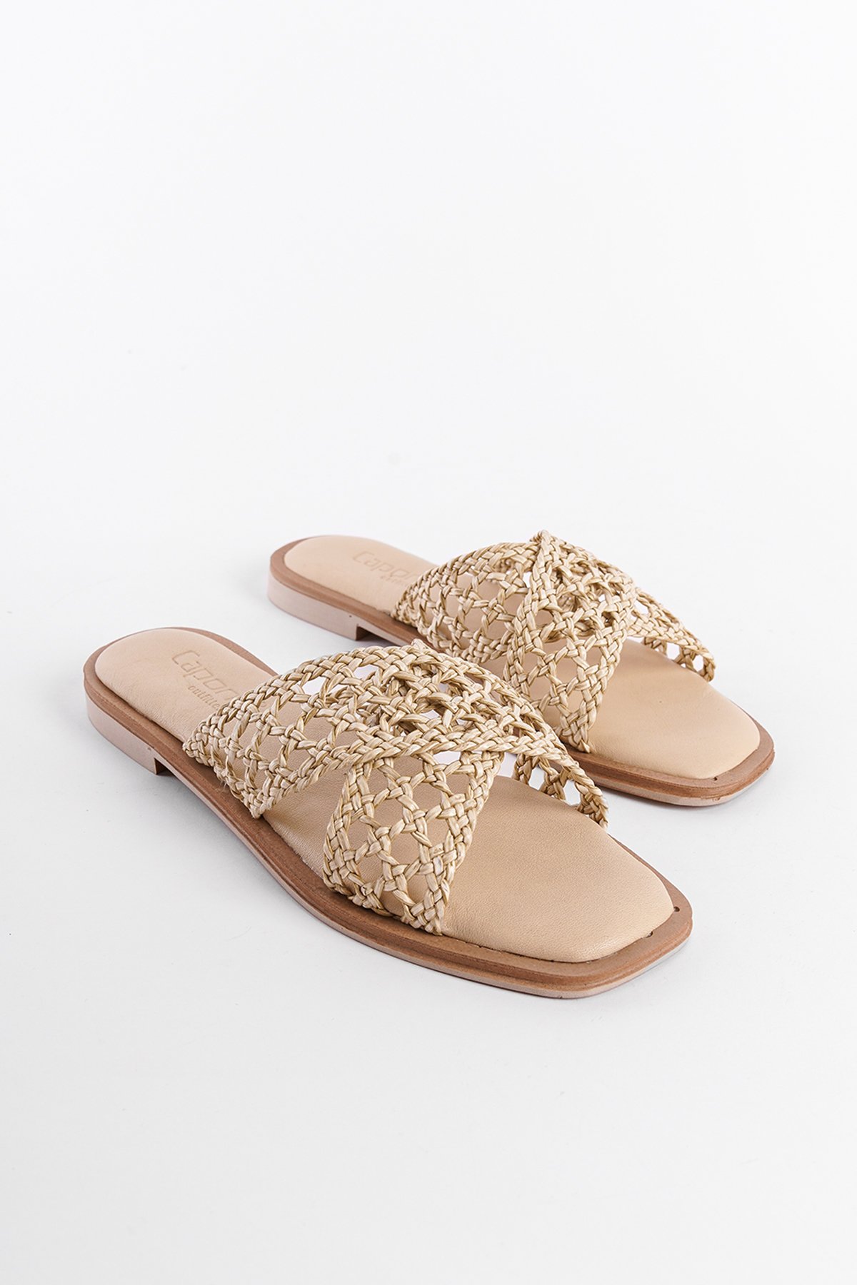 Capone Genuine Leather Straw Mesh Cross Strap Flat Heeled Women Beige Sandals