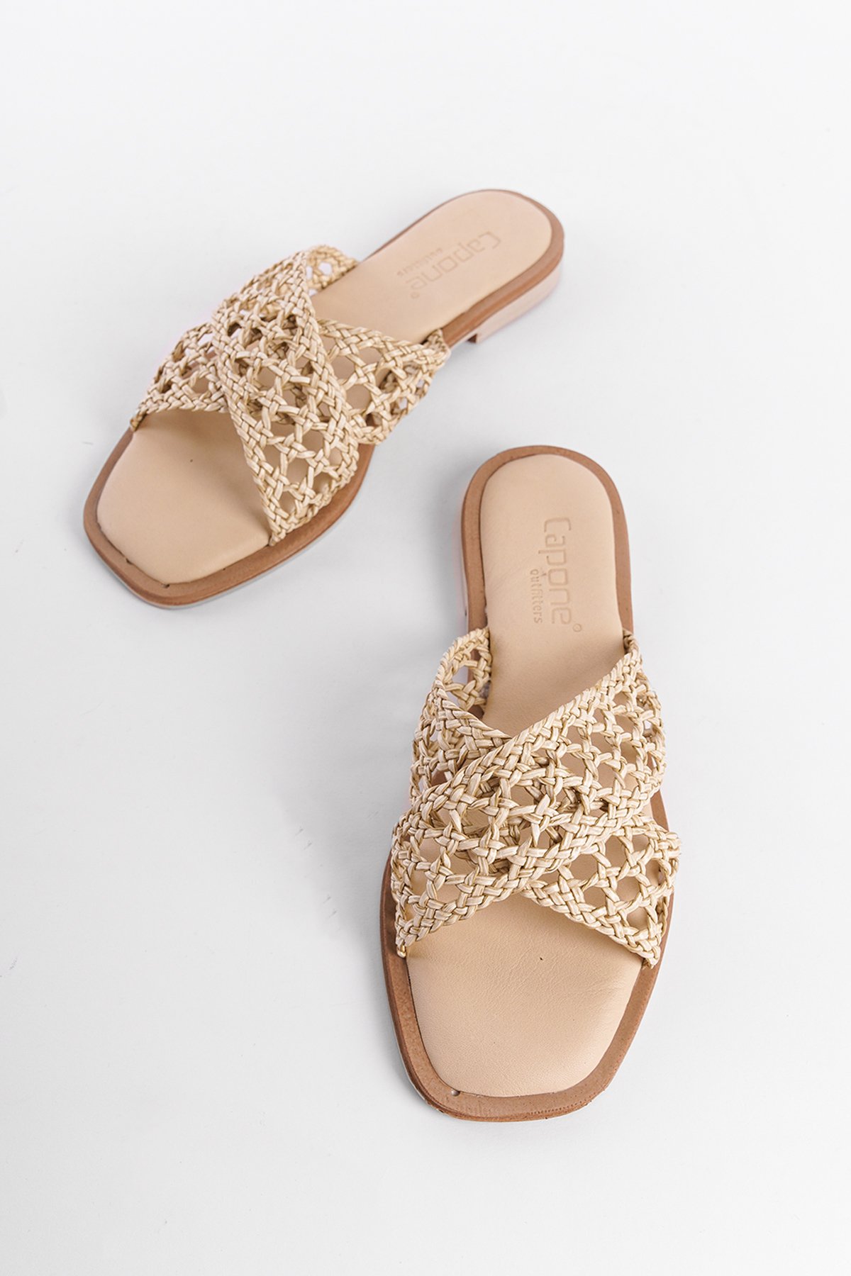 Capone Genuine Leather Straw Mesh Cross Strap Flat Heeled Women Beige Sandals