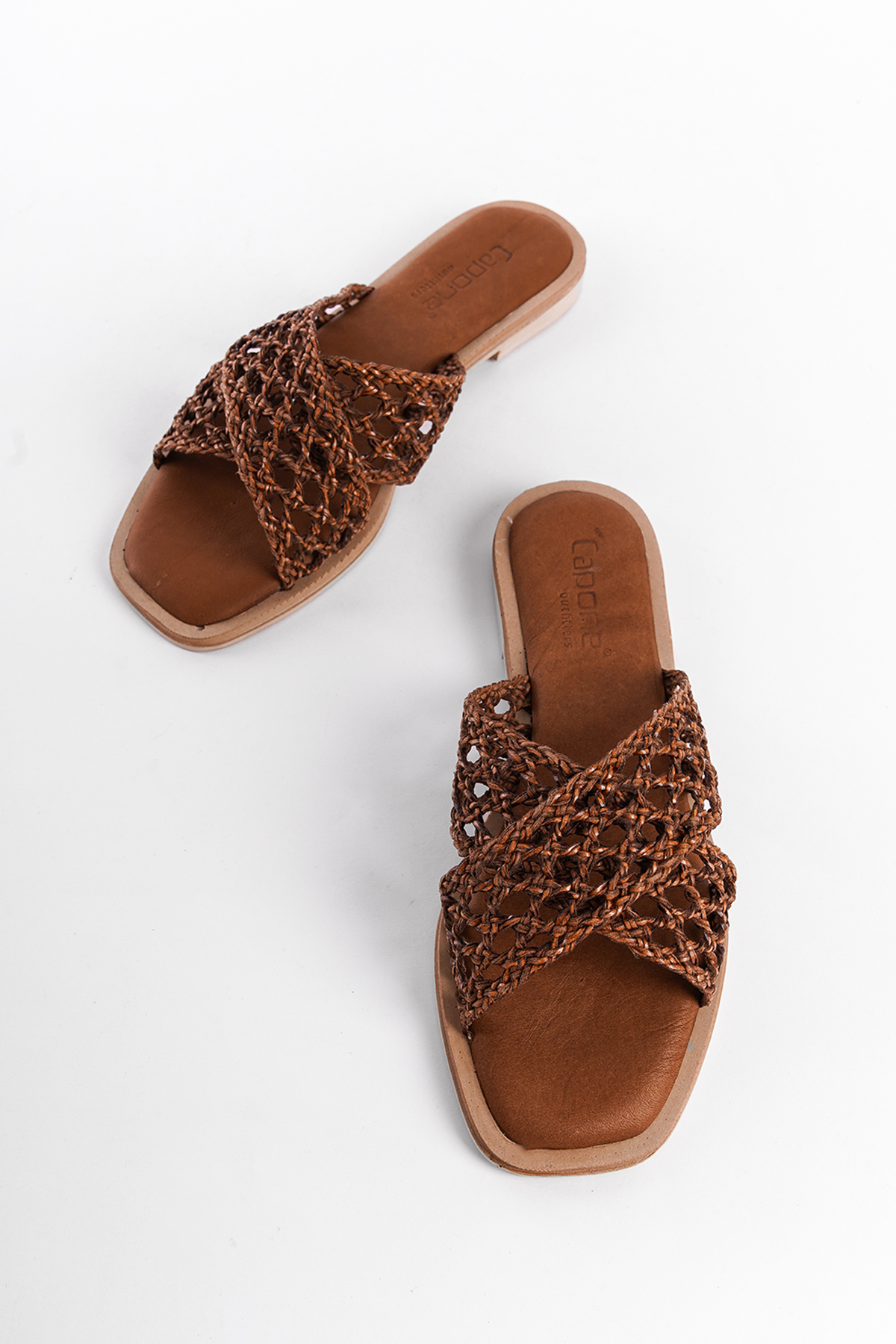 Capone Genuine Leather Straw Mesh Cross Strap Flat Heeled Women Tan Sandals