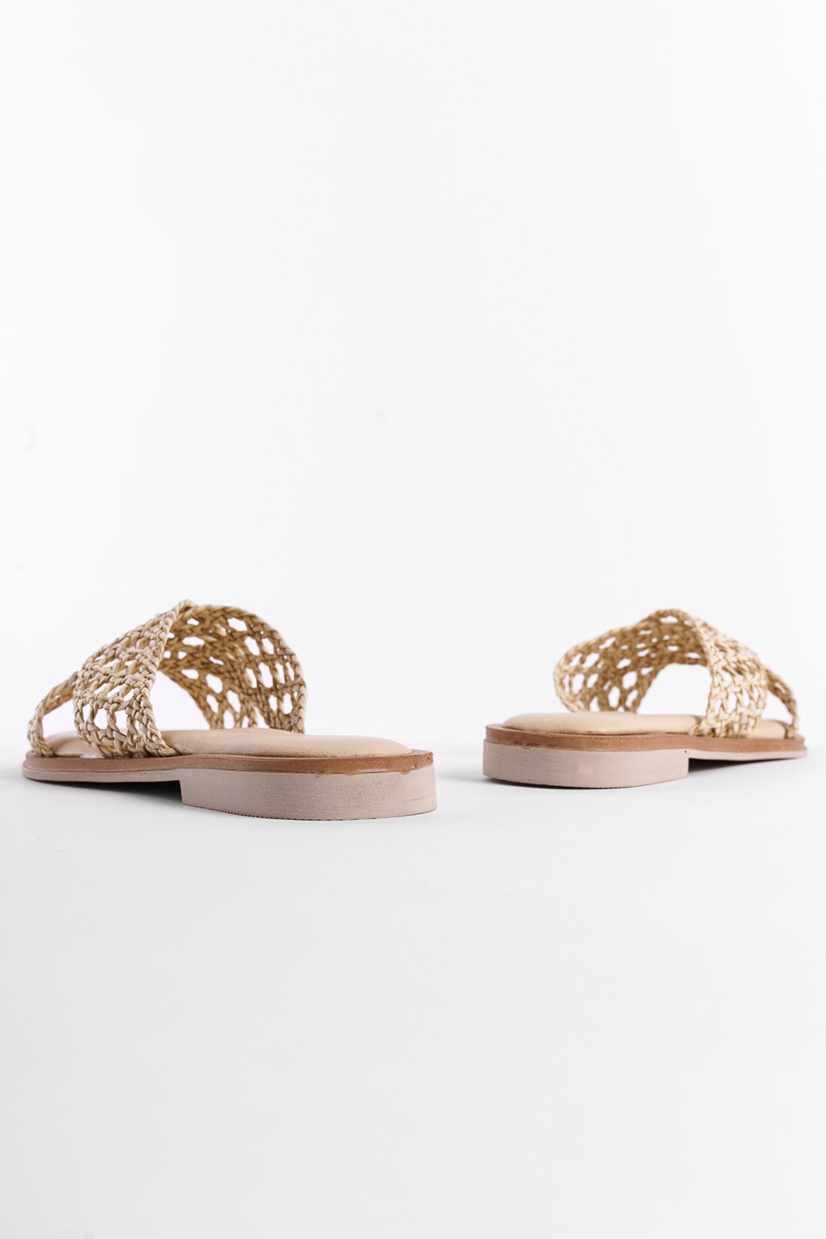 Capone Genuine Leather Straw Mesh Cross Strap Flat Heeled Women Beige Sandals