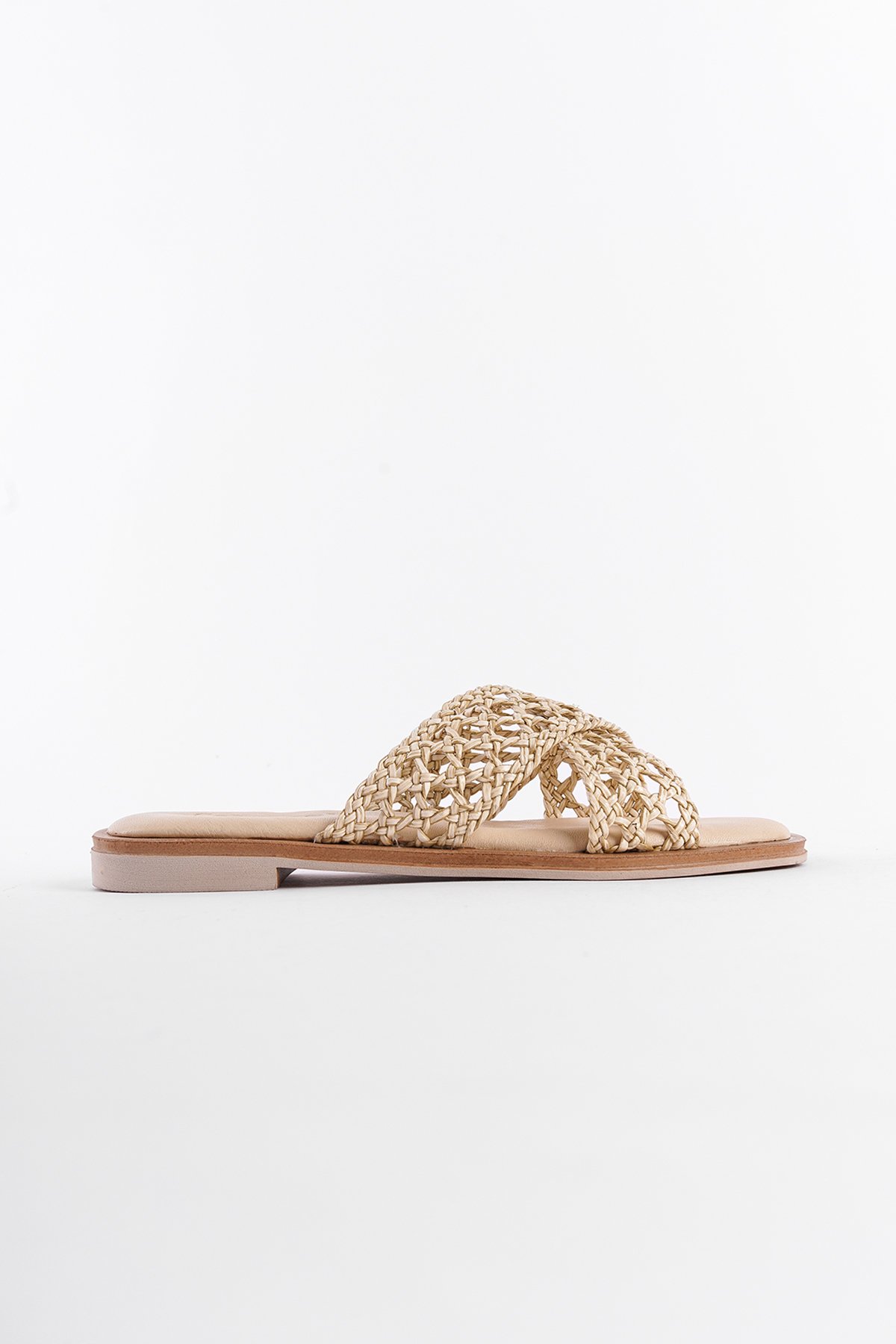 Capone Genuine Leather Straw Mesh Cross Strap Flat Heeled Women Beige Sandals