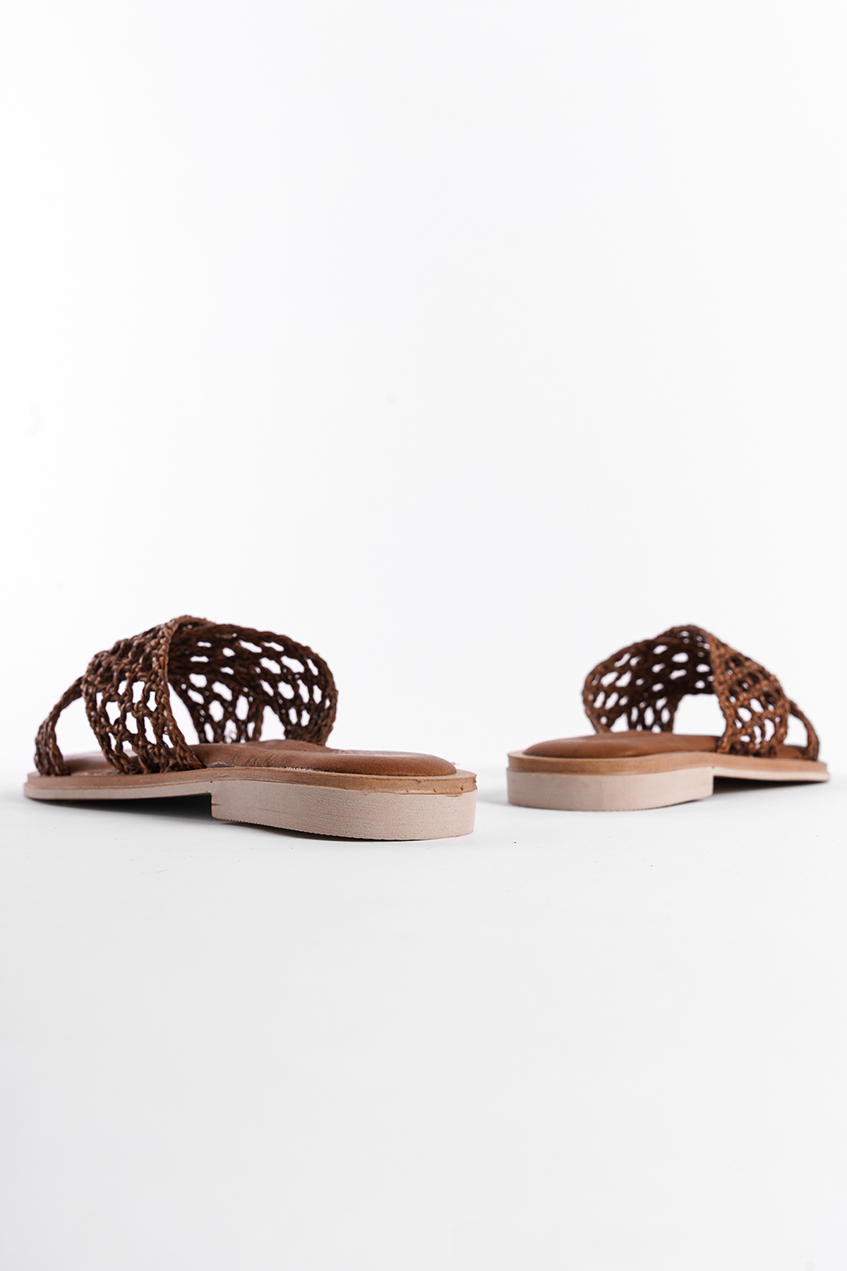 Capone Genuine Leather Straw Mesh Cross Strap Flat Heeled Women Tan Sandals