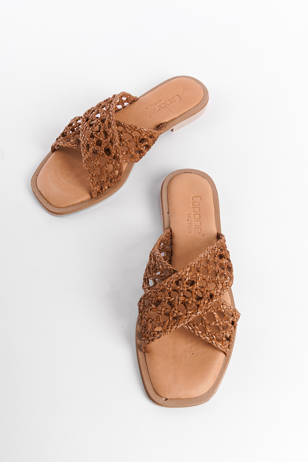 Capone Genuine Leather Straw Mesh Cross Strap Flat Heeled Women Mink Sandals