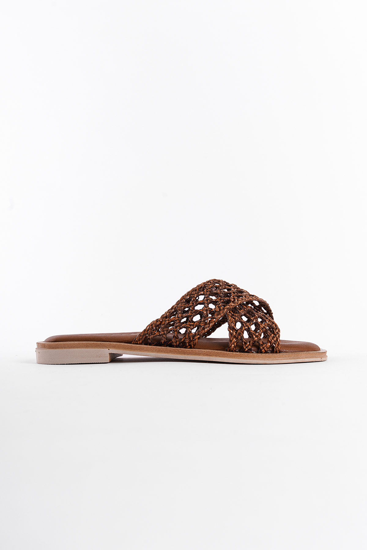 Capone Genuine Leather Straw Mesh Cross Strap Flat Heeled Women Tan Sandals