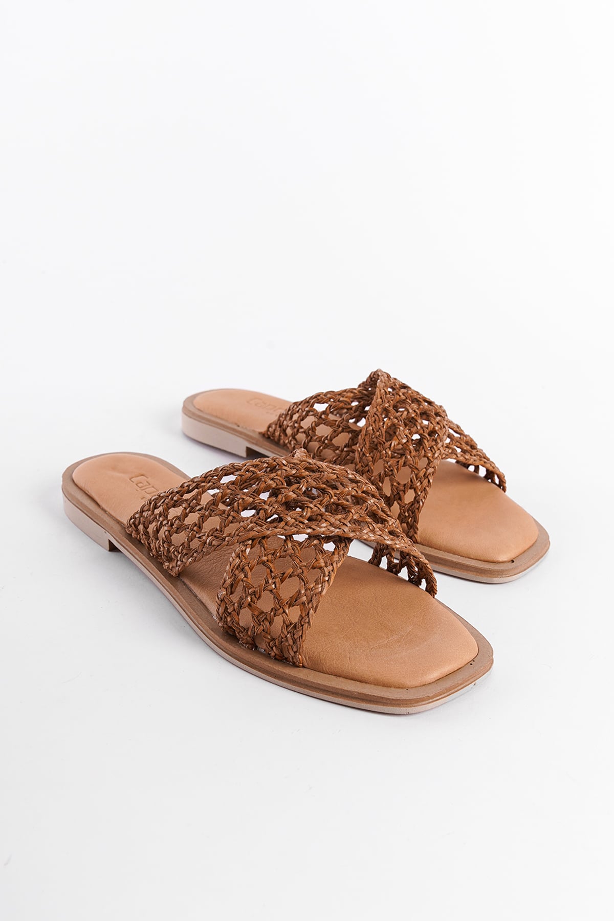 Capone Genuine Leather Straw Mesh Cross Strap Flat Heeled Women Mink Sandals
