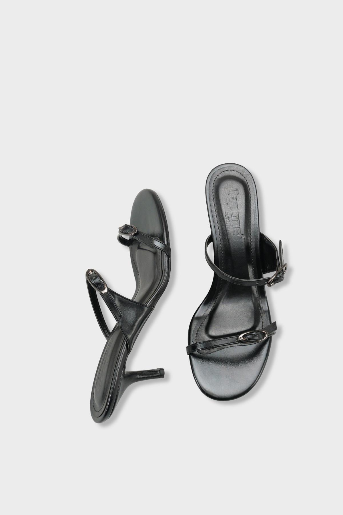 Capone Gerda Toe Double Buckle Mid Heel Elegant Women Metallic Black Sandal