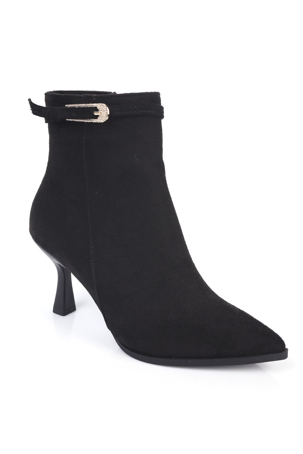 Capone Gianna Suede Look Crystal Embellished Buckle Pointed Toe Mid Heel Elegant Women Sued Black Ankle Boot