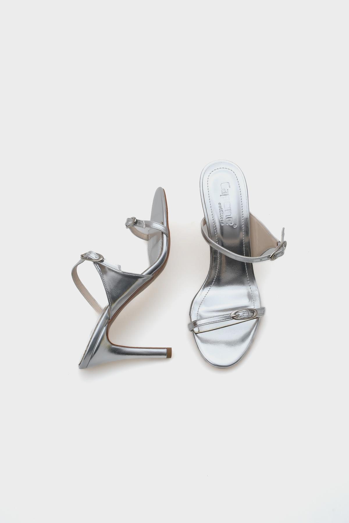 Capone Heeled Double Strap Metallic Women Metallic Silver Stylish Sandals