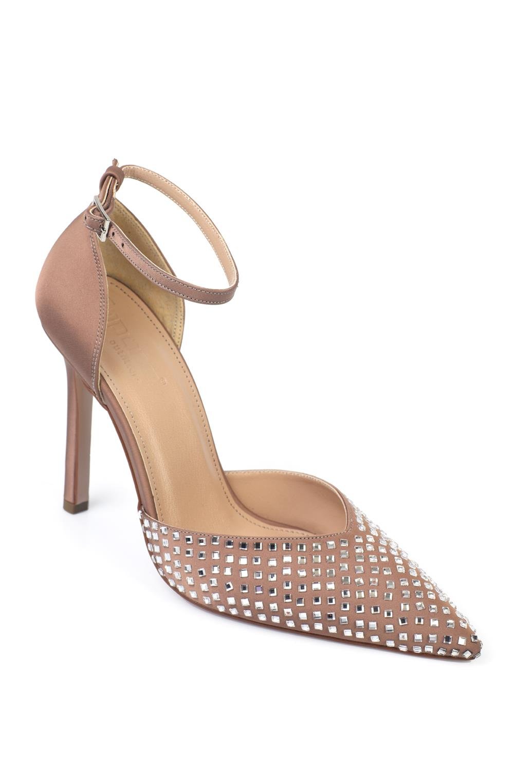 Capone Heeled Pointed Toe Crystal Embellished Ankle Strap Stylish Women Mink Shoes