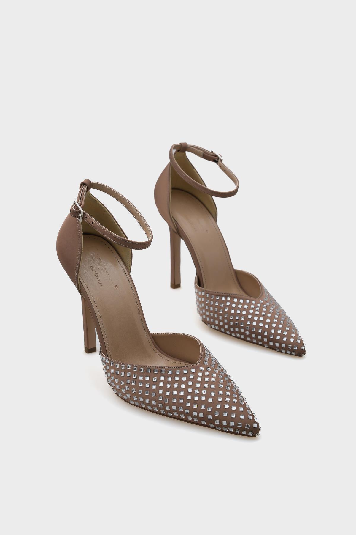 Capone Heeled Pointed Toe Crystal Embellished Ankle Strap Stylish Women Mink Shoes