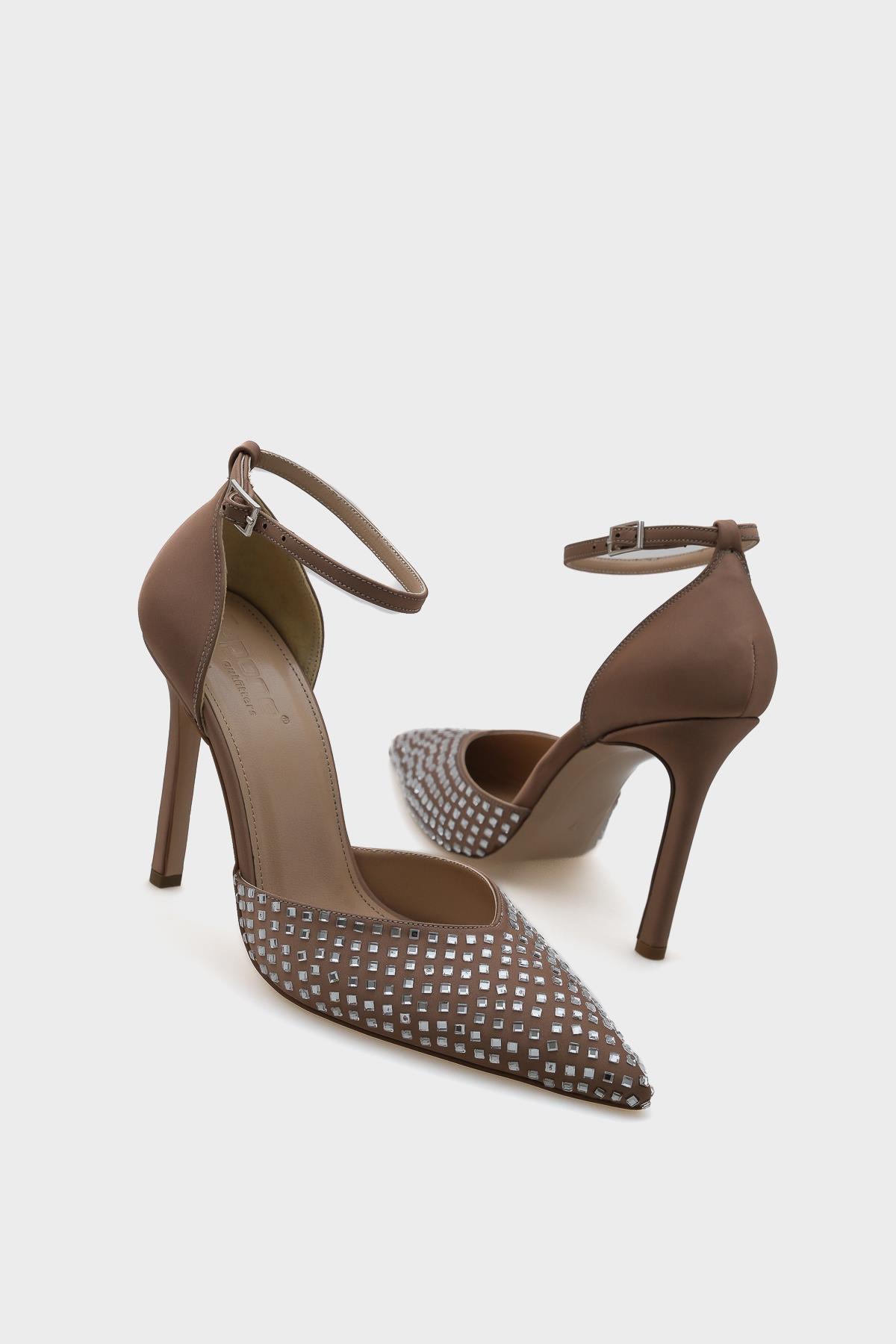 Capone Heeled Pointed Toe Crystal Embellished Ankle Strap Stylish Women Mink Shoes