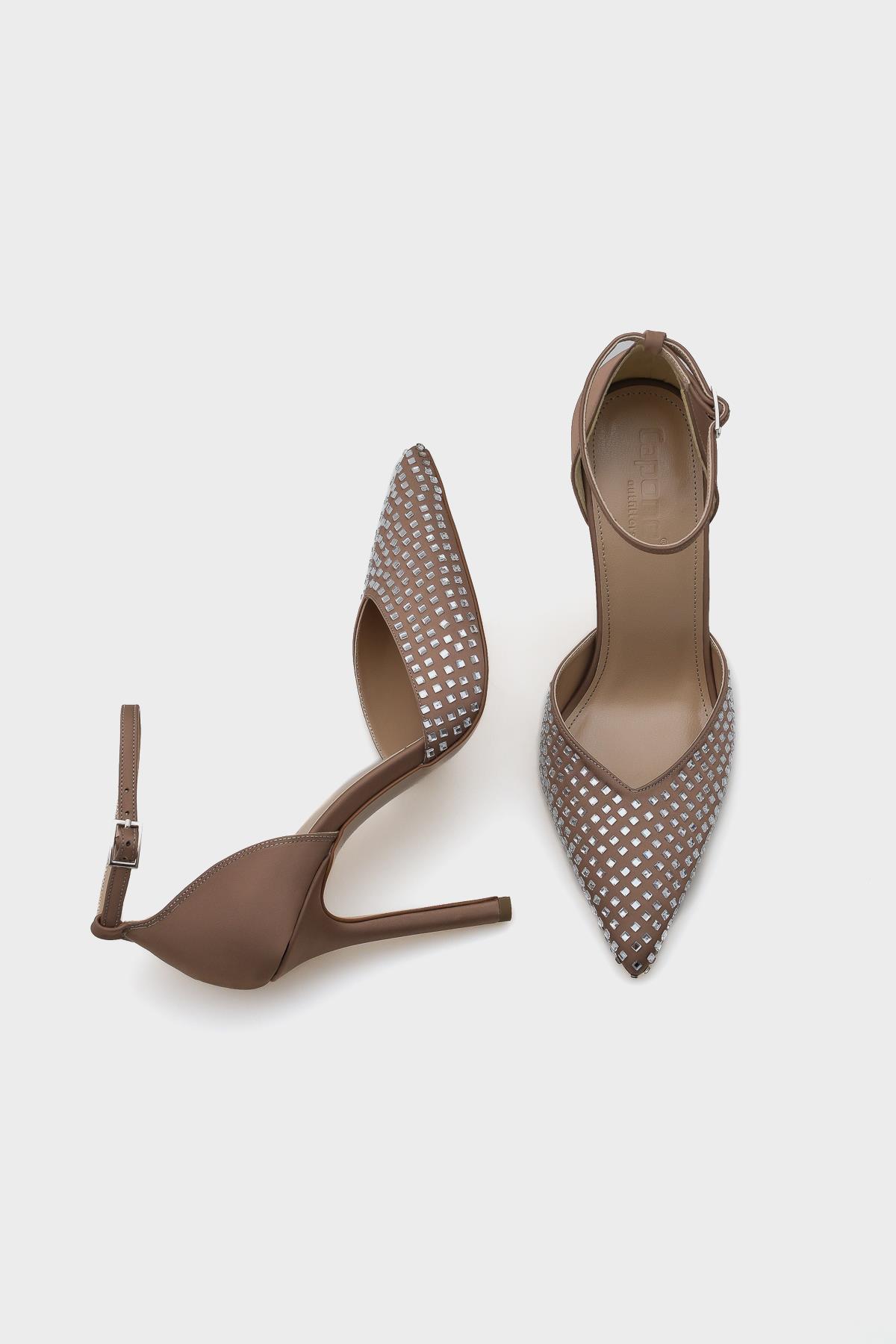 Capone Heeled Pointed Toe Crystal Embellished Ankle Strap Stylish Women Mink Shoes