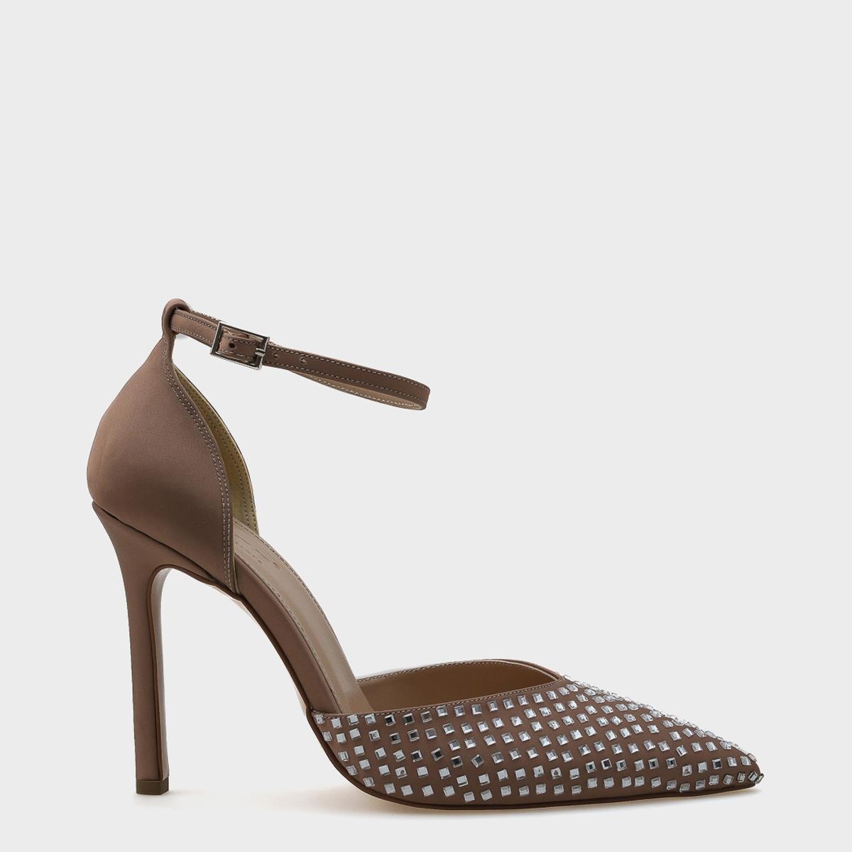 Capone Heeled Pointed Toe Crystal Embellished Ankle Strap Stylish Women Mink Shoes