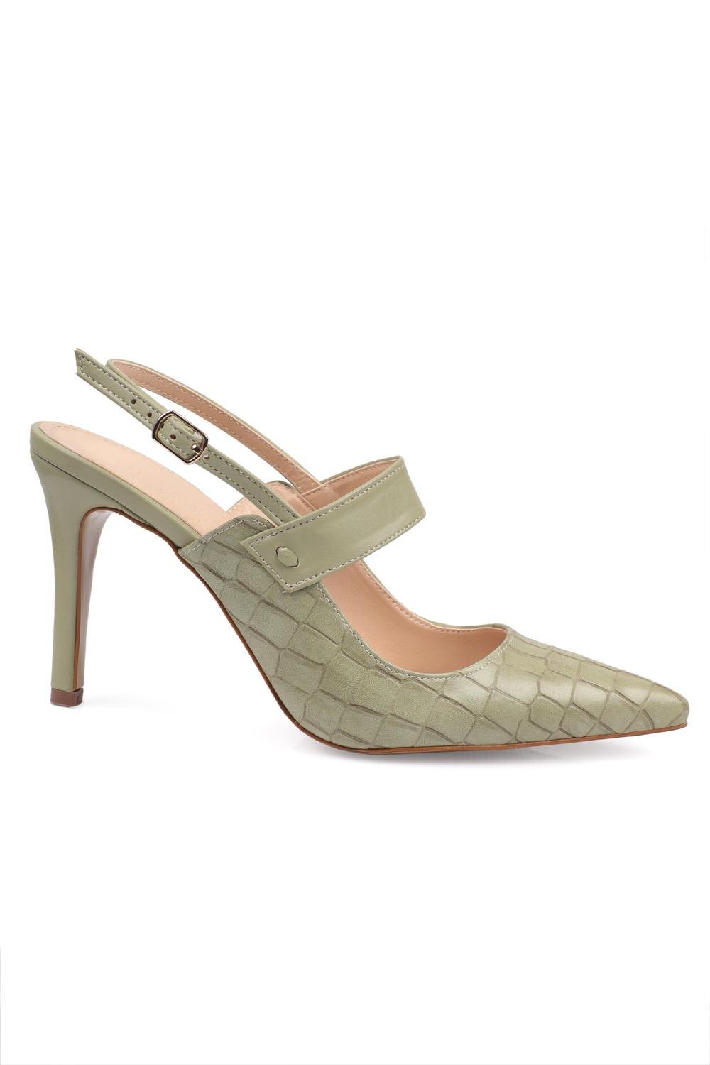 Capone High Heel Pointed Toe Slingback Croco Women Moss Green Shoes