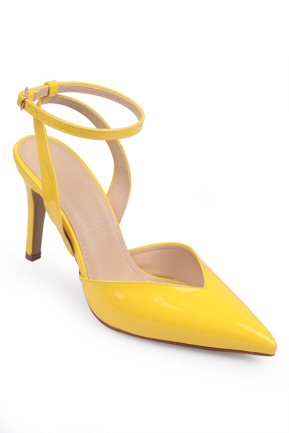 Capone High Heel Pointed Toe Slingback Ankle Strap Patent Leather Women Yellow Shoes