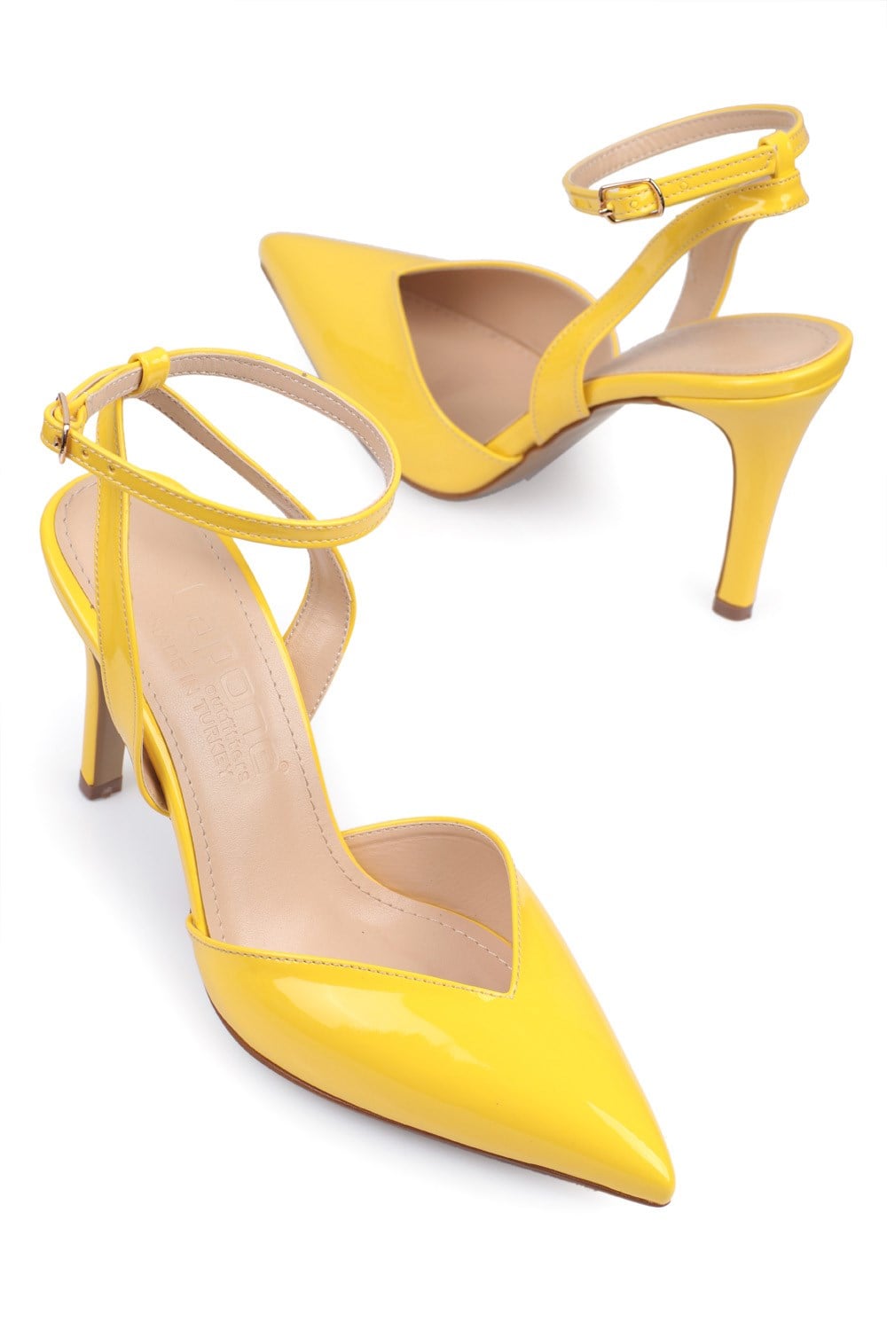 Capone High Heel Pointed Toe Slingback Ankle Strap Patent Leather Women Yellow Shoes